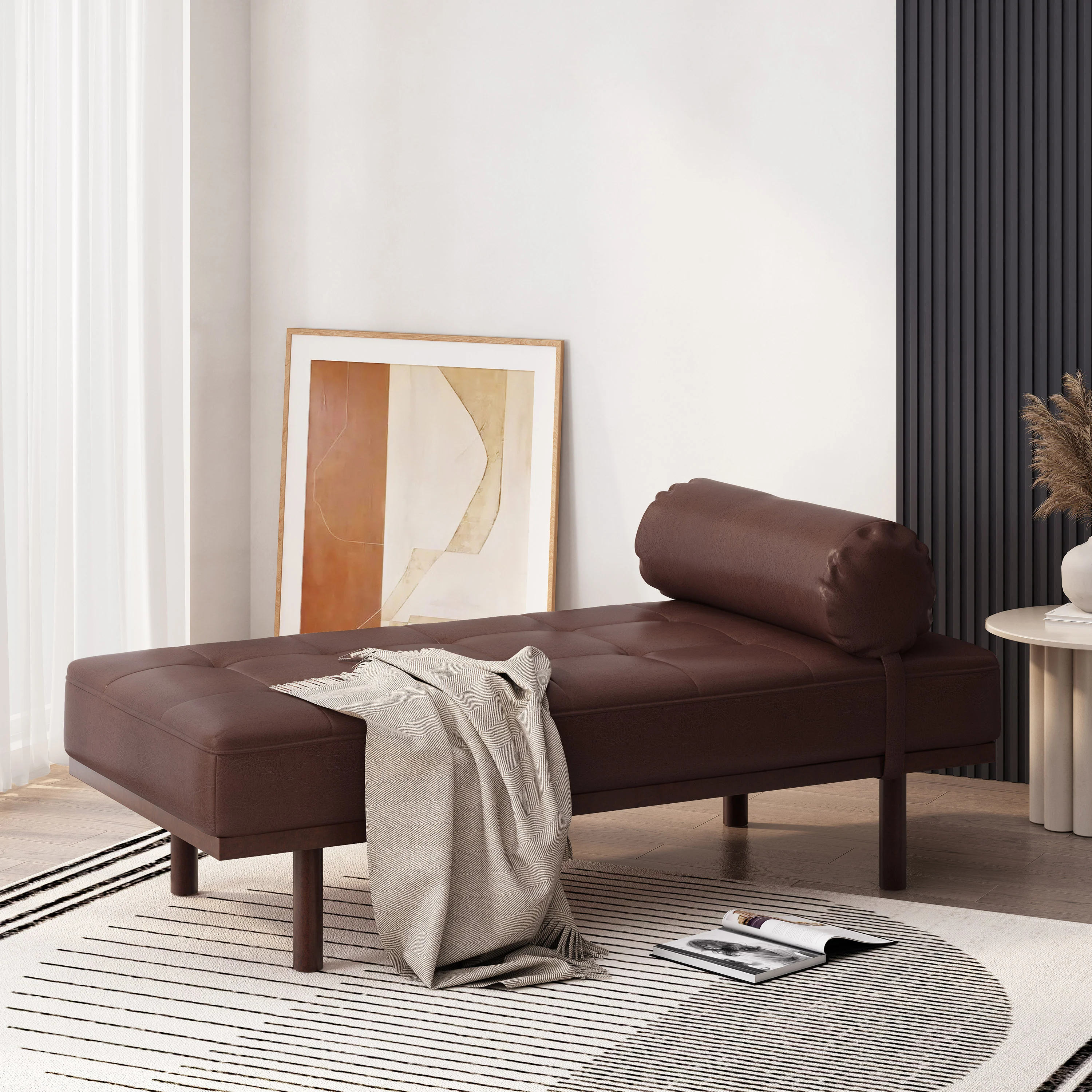 Elmore Mid Century Modern Faux Leather Tufted Chaise Lounge with Bolster Pillow - furnishings