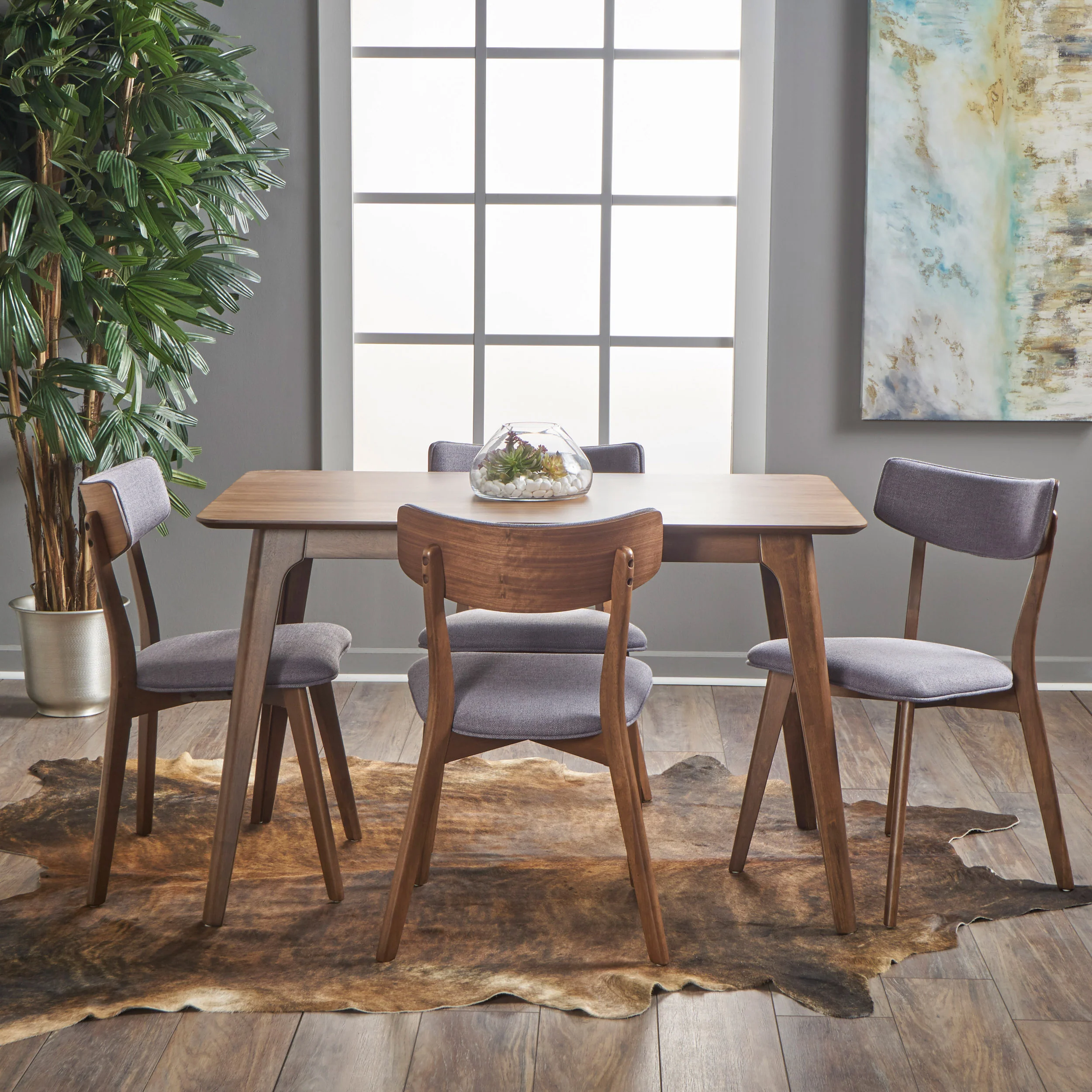 Meanda Mid Century Finished 5 Piece Wood Dining Set with Fabric Chairs - furnishings