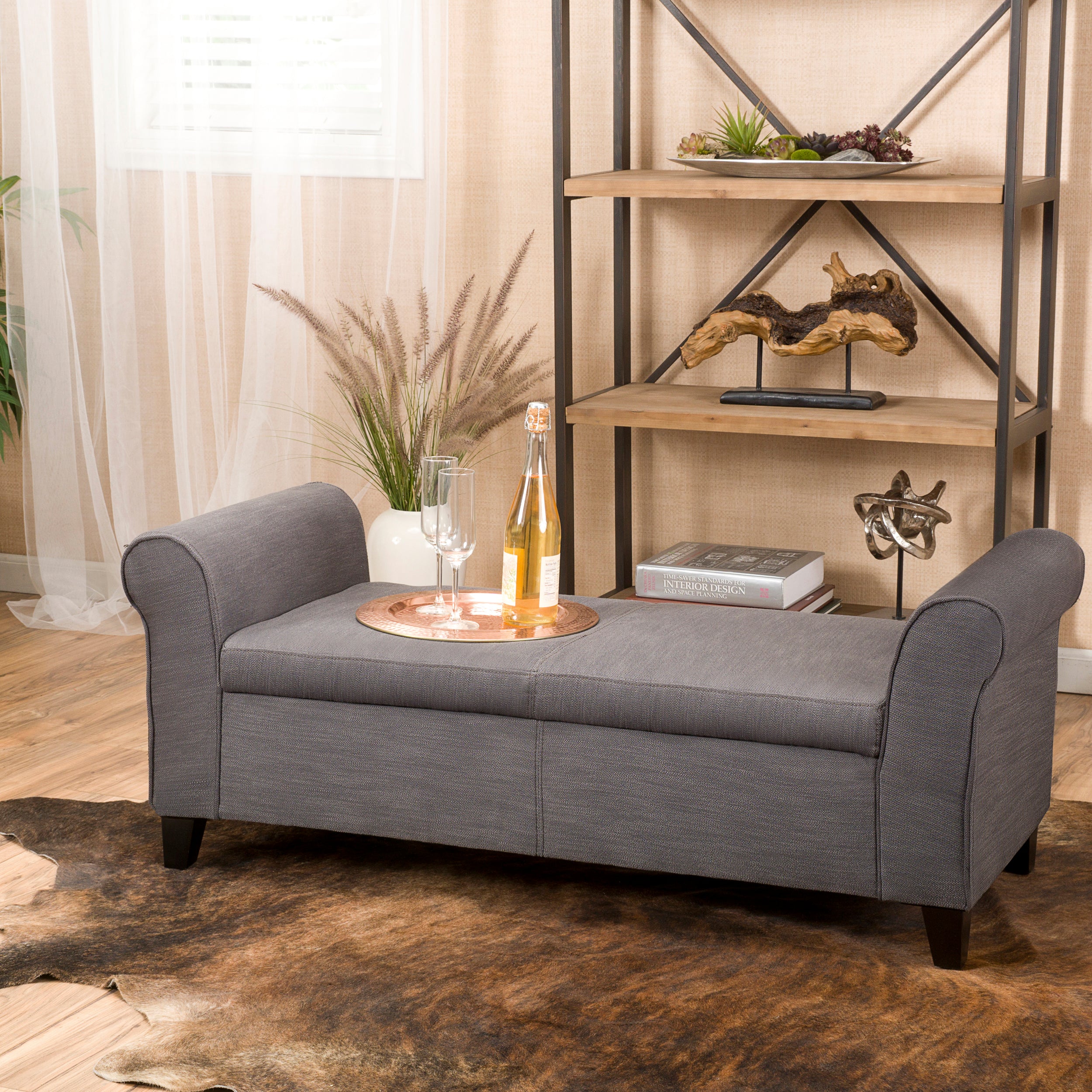 Danbury Contemporary Fabric Upholstered Storage Ottoman Bench with Rolled Arms - furnishings