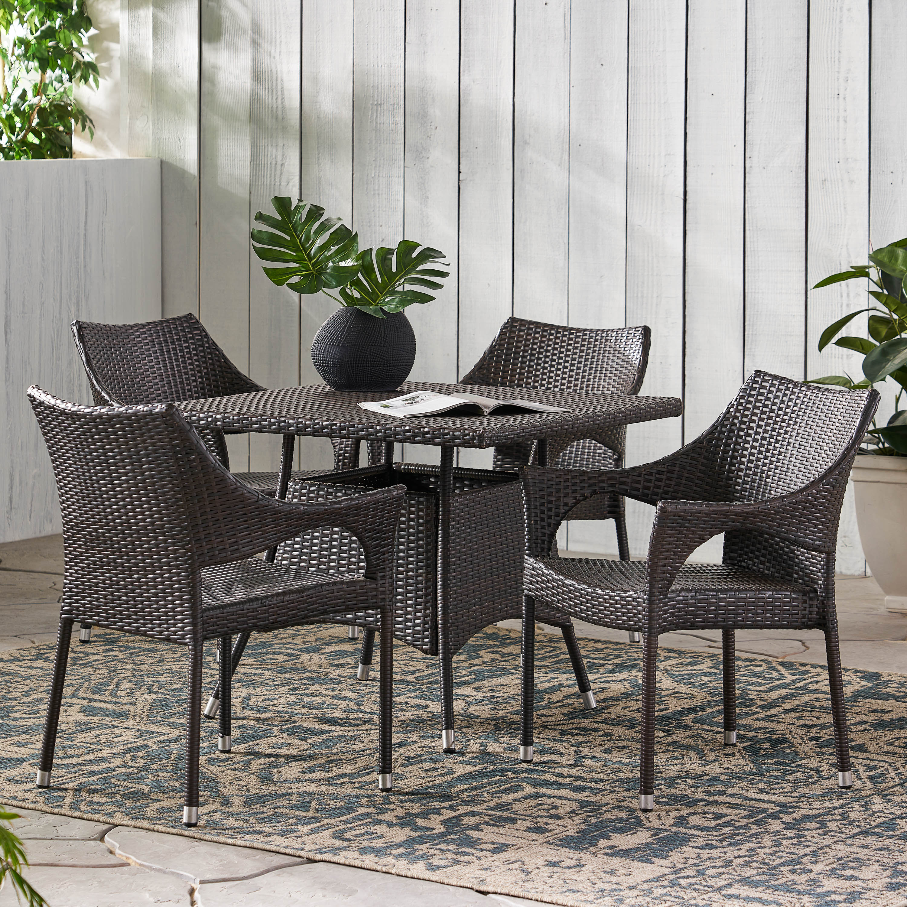 Clayton Outdoor 5pc Multibrown Wicker Square Dining Set - furnishings