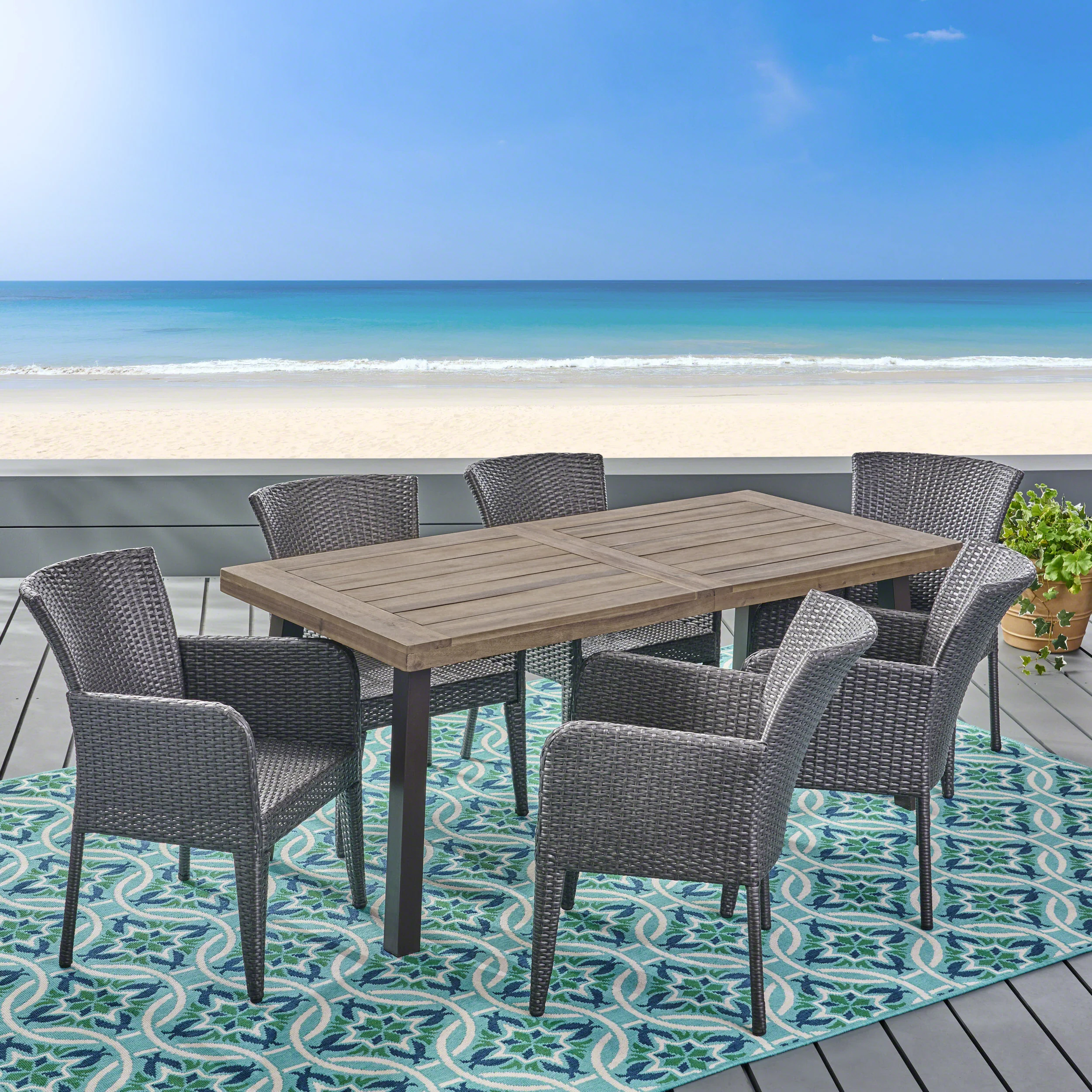 Healy Outdoor 7 Piece Wicker Dining Set, Grey - furnishings