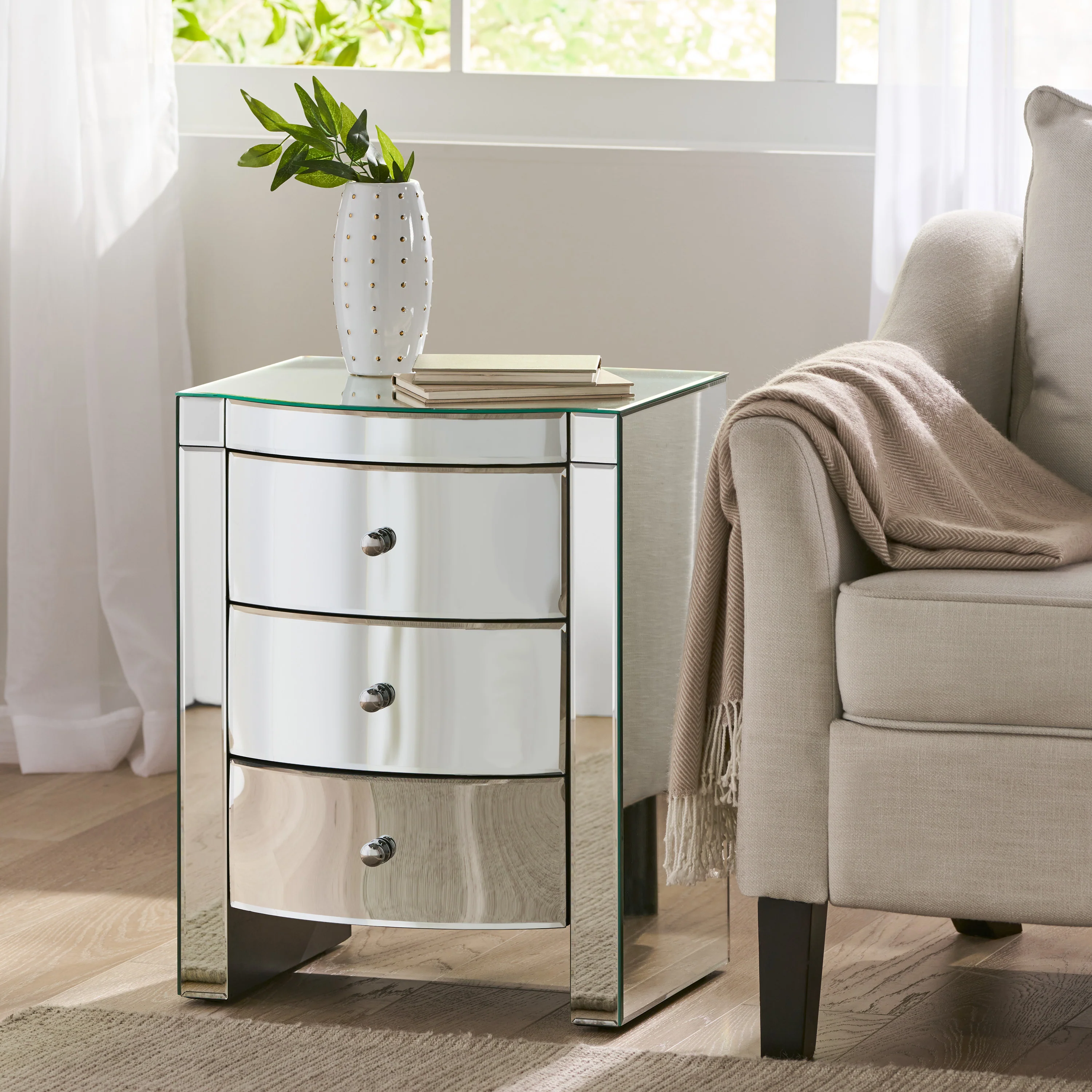 Jacinda Modern Glam Mirrored 3 Drawer Side Table - furnishings