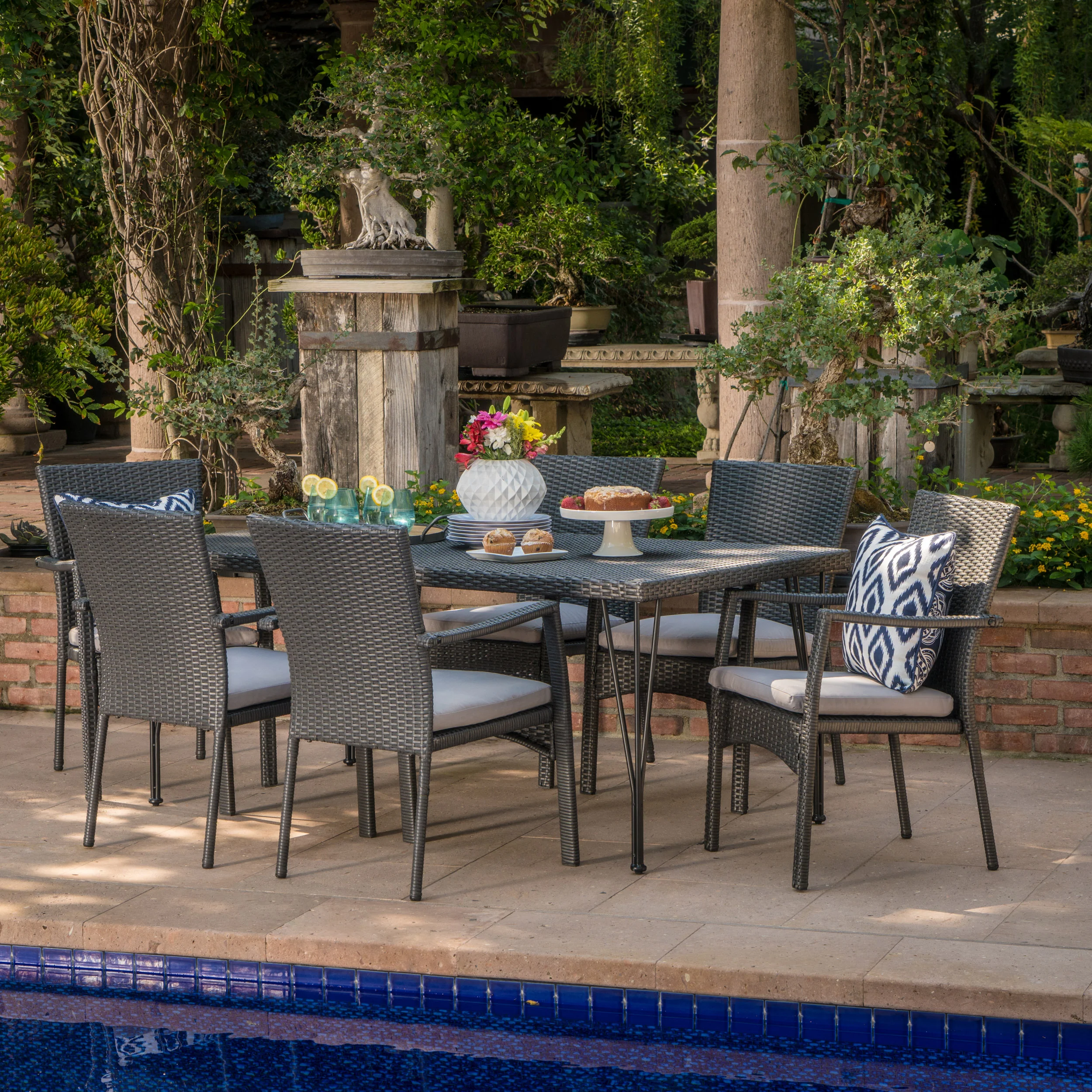 Lula Outdoor 7 Piece Wicker Rectangular Dining Set with Water Resistant Cushions - furnishings