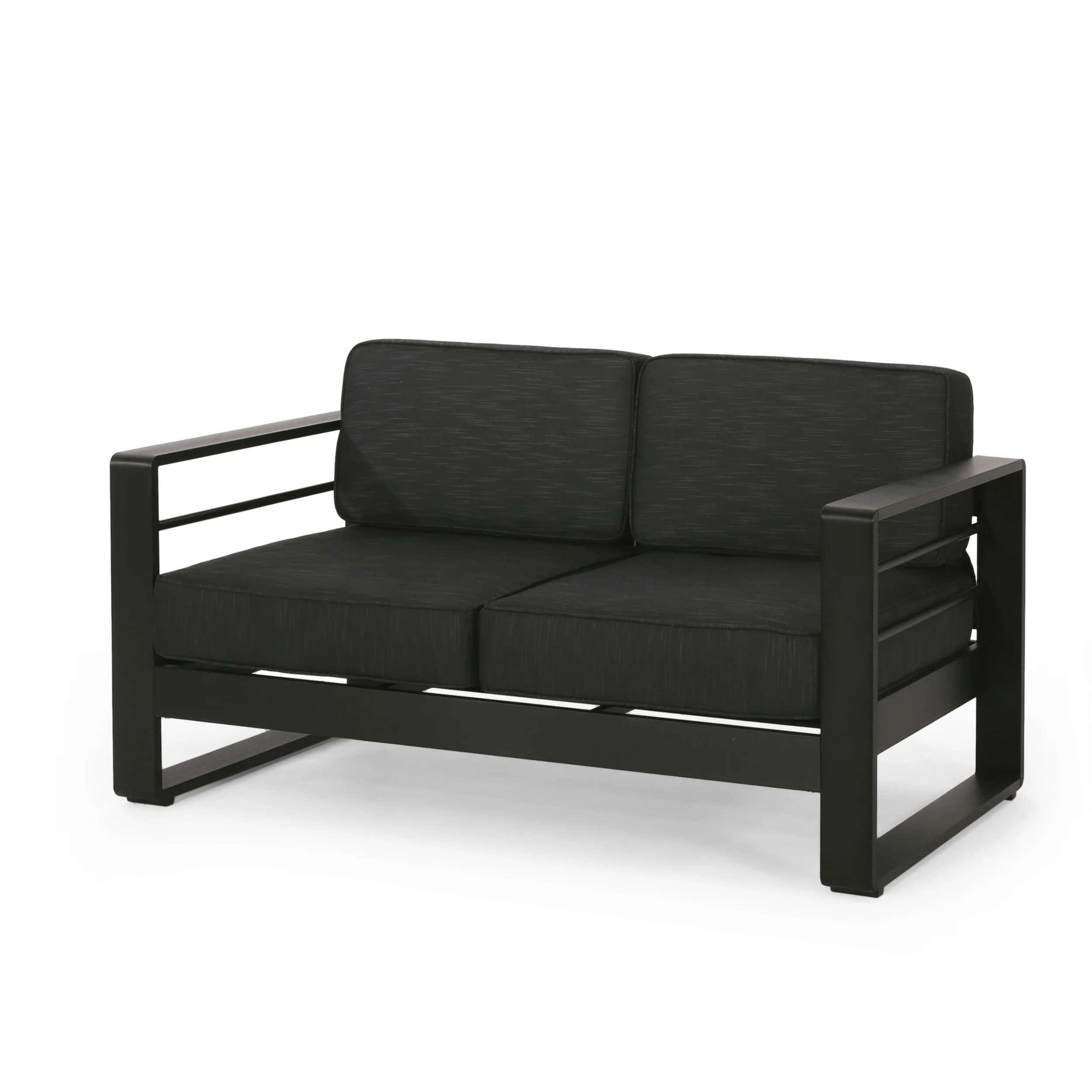 Gadd Outdoor Aluminum Loveseat with Cushions, Black, Dark Gray - furnishings
