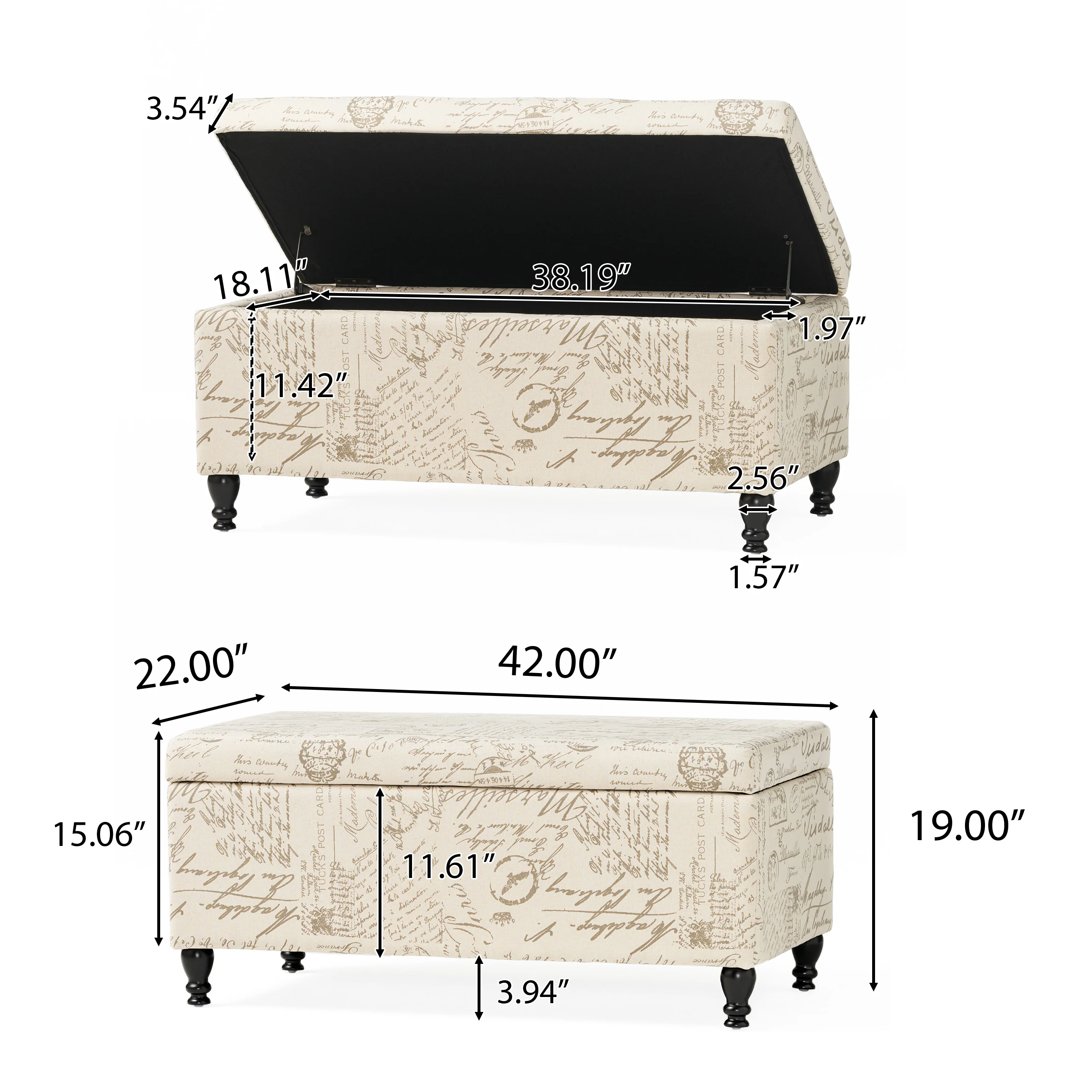 Kingsbury Fabric Storage Ottoman Bench with French Script - furnishings