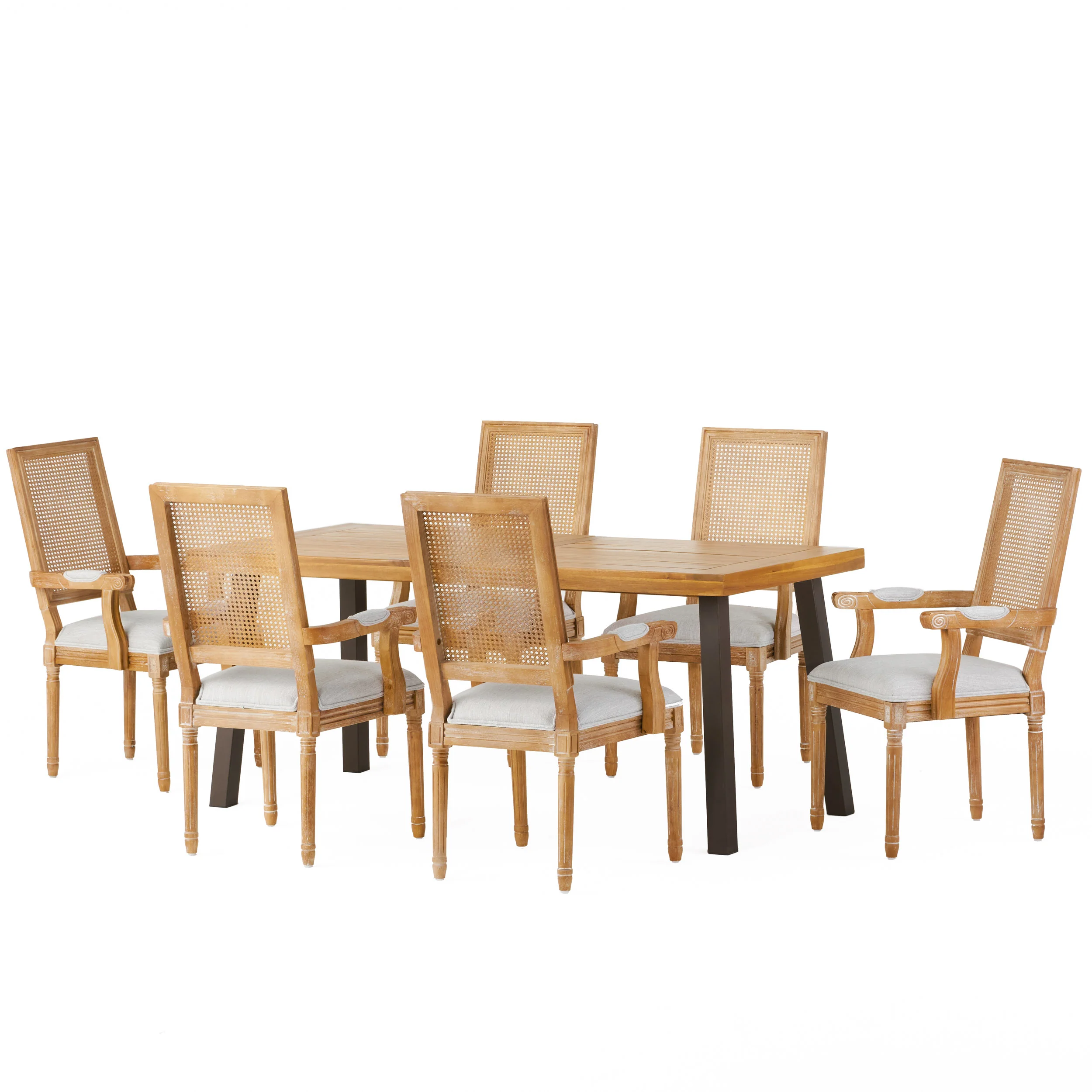Marten Farmhouse Fabric Upholstered Wood and Cane 7 Piece Dining Set - furnishings