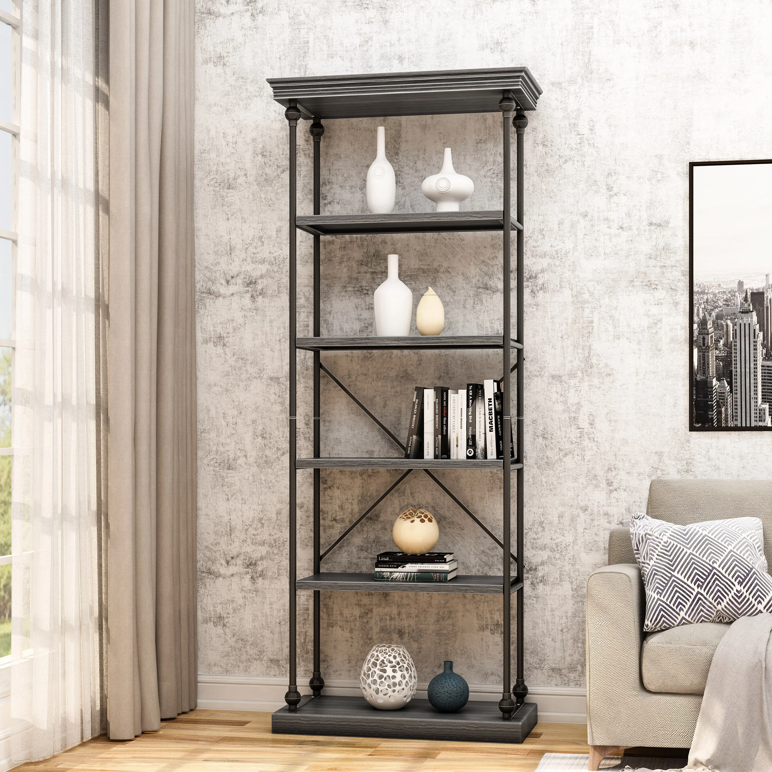 Scilla 5-Shelf Wood & Metal Etagere Bookcase - furnishings