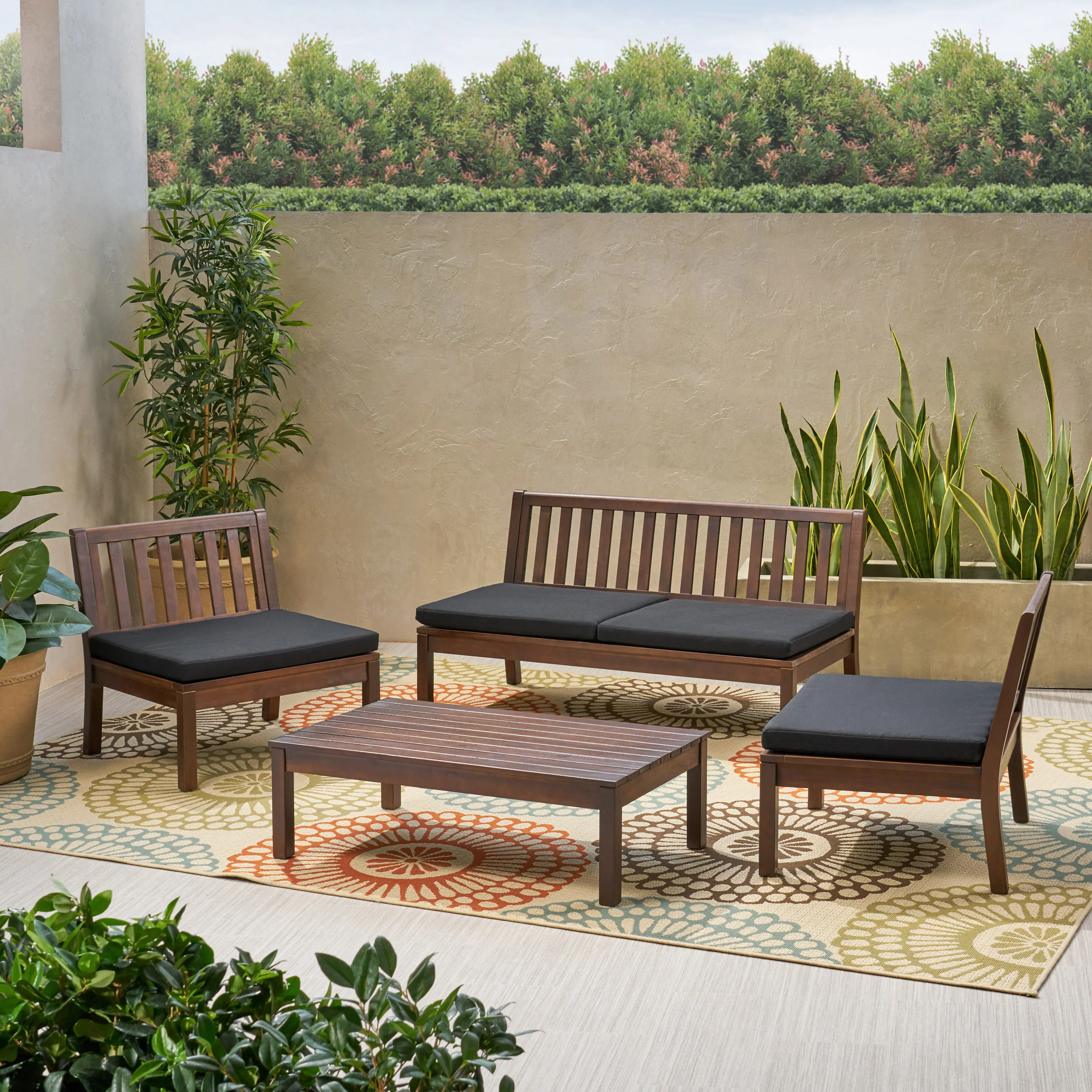 Arth Outdoor Acacia Wood Chat Set with Coffee Table - furnishings