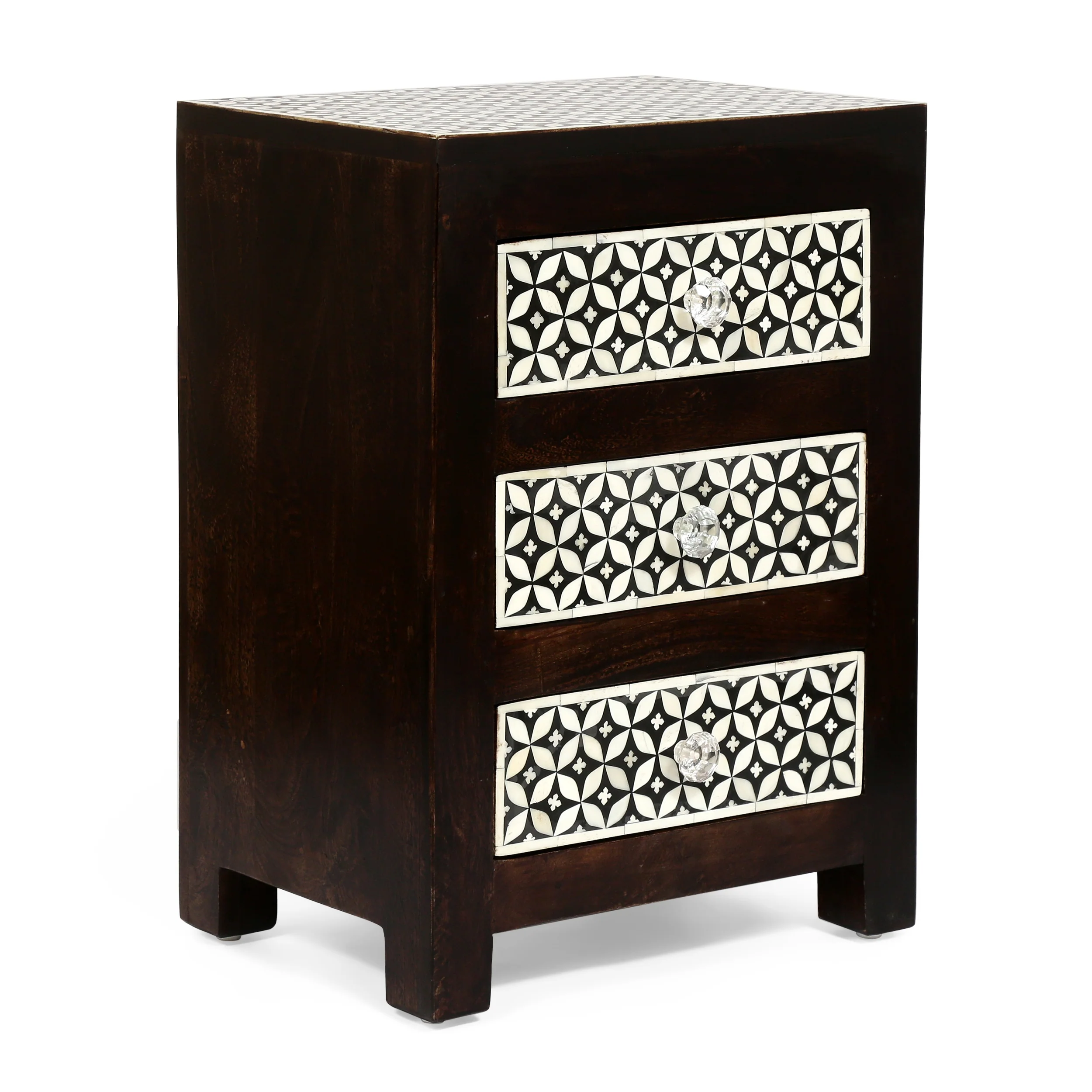 Kuna Handcrafted Boho 3 Drawer Mango Wood Nightstand - furnishings