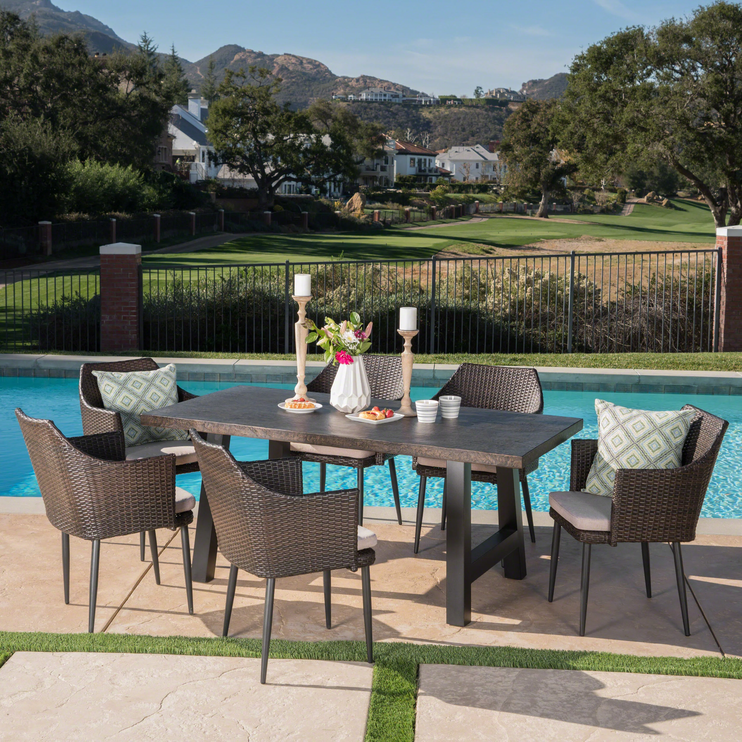 Noah Outdoor 7 Piece Wicker Dining Set with Light Weight Concrete Dining Table - furnishings