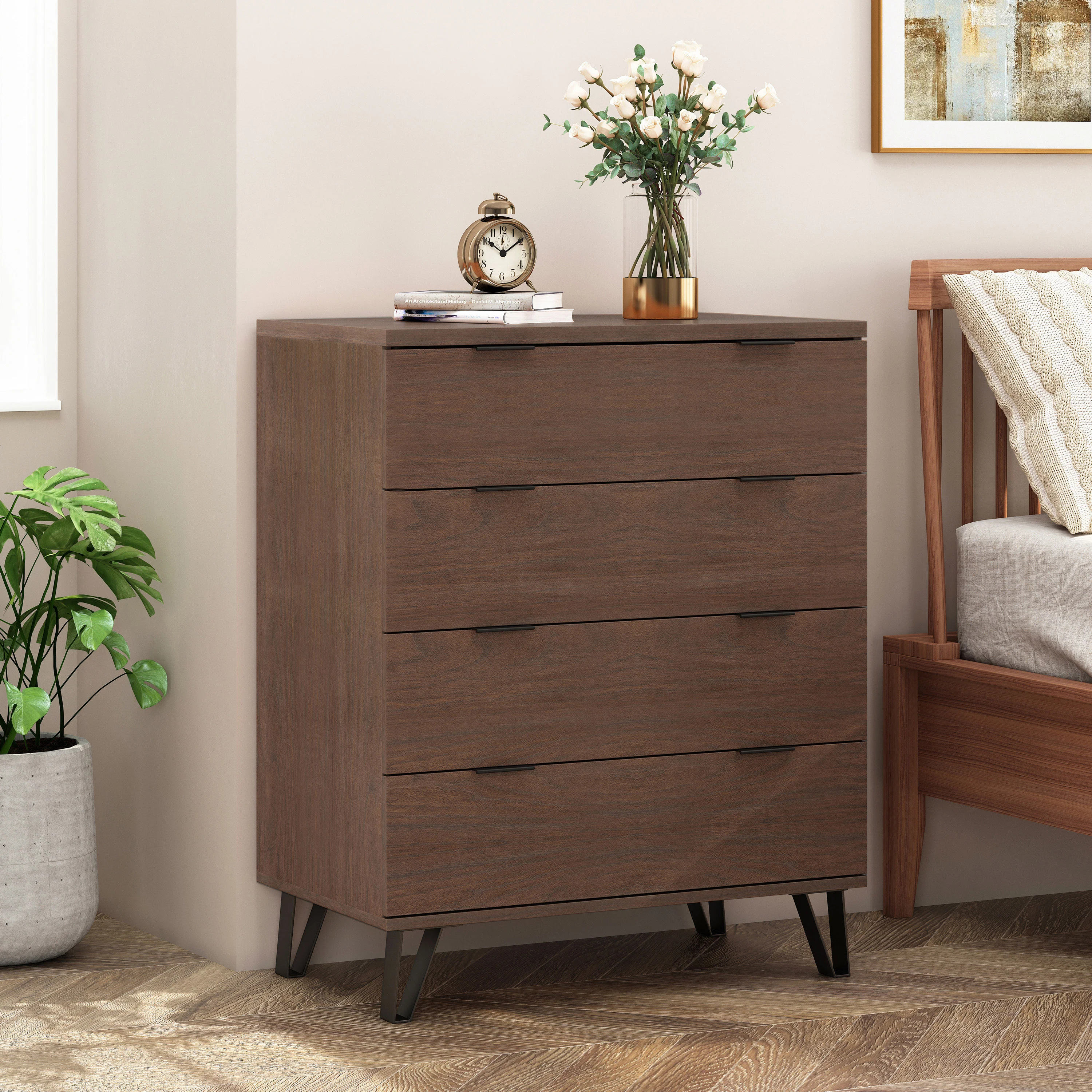 Demijen Modern Industrial 4 Drawer Wide Dresser, Walnut and Matte Black - furnishings