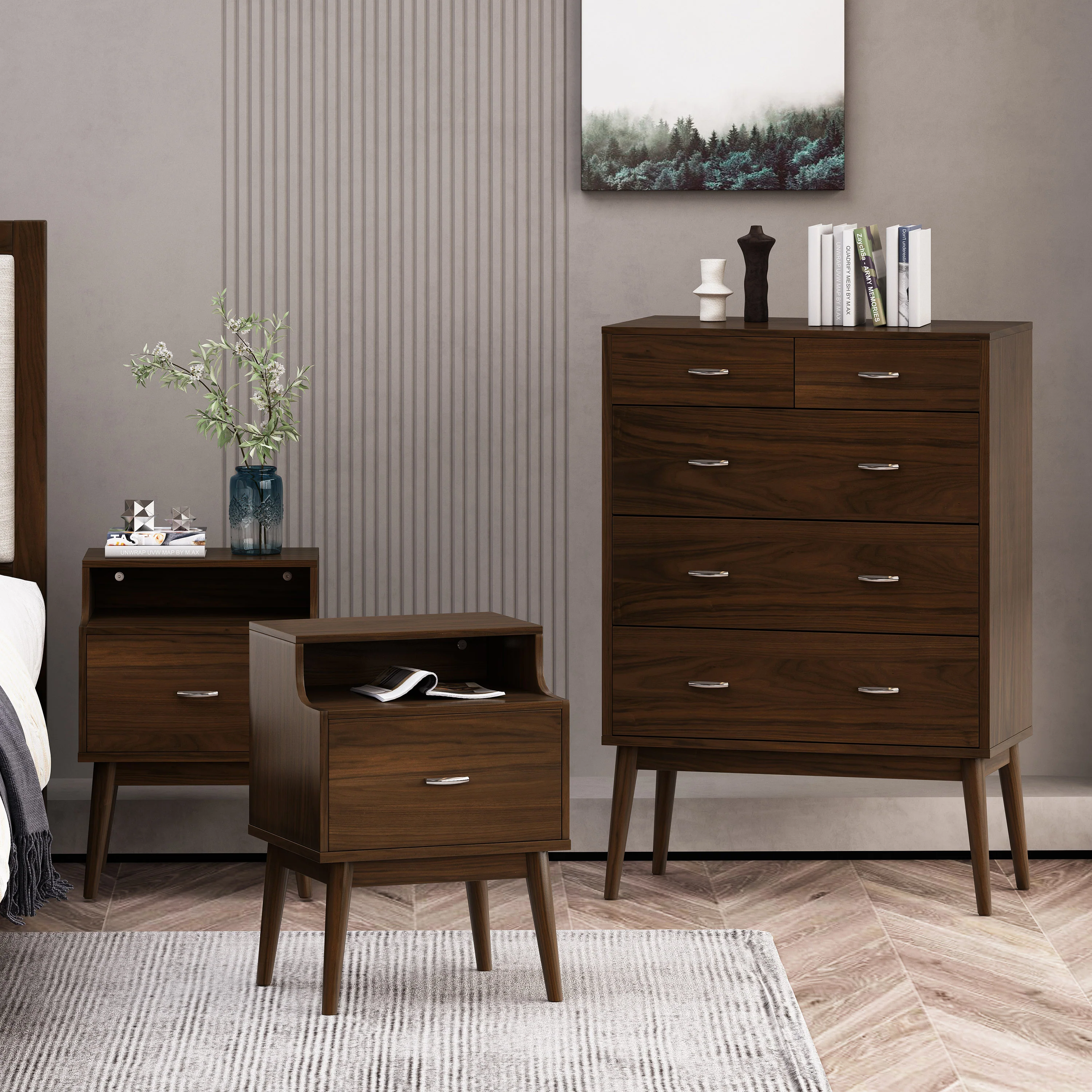 Wilbur Mid Century Wooden 3 Piece 5 Drawer Dresser and Nightstand Bedroom Set - furnishings