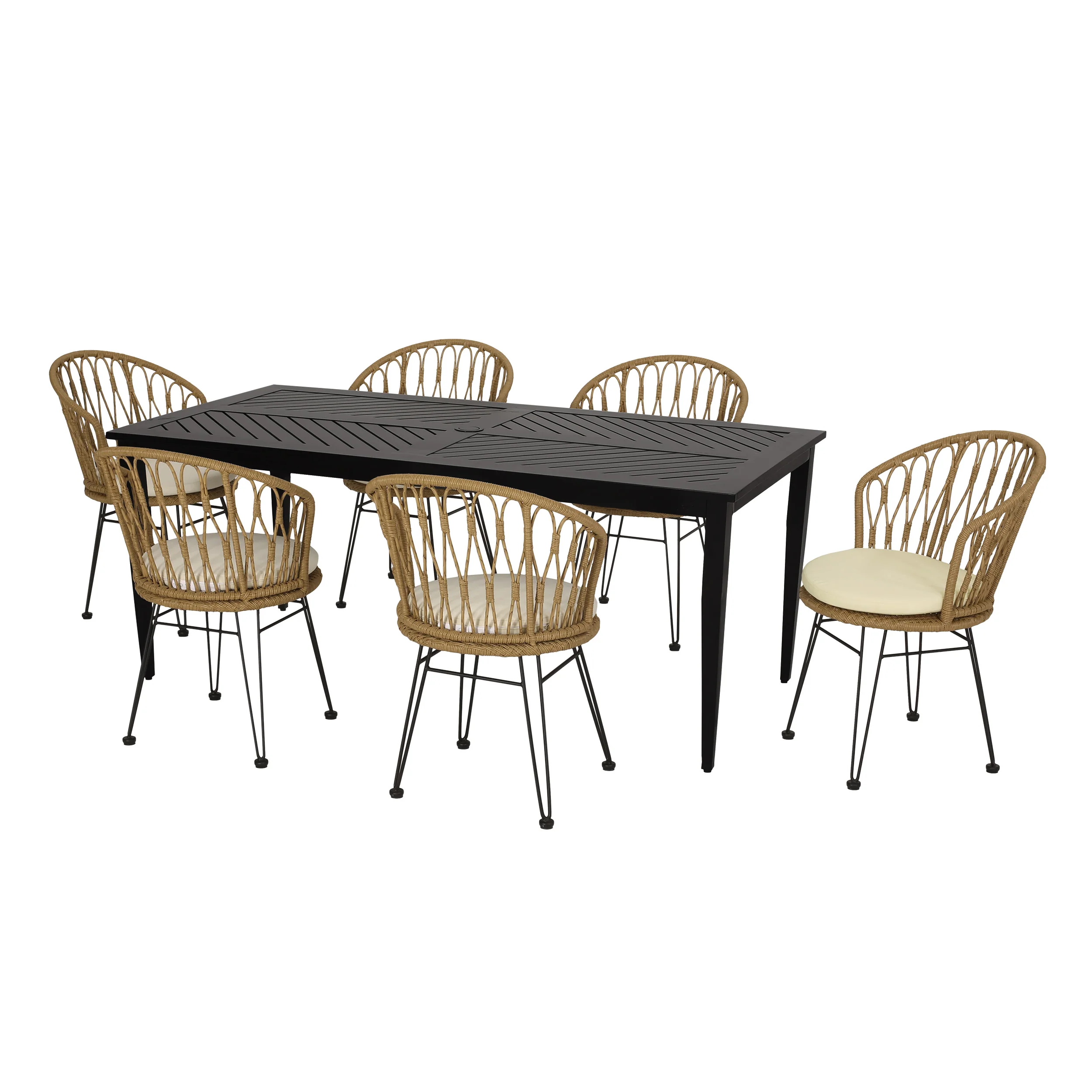Currant Outdoor Wicker and Aluminum 7 Piece Dining Set with Cushion, Light Brown, Black, and Beige - furnishings