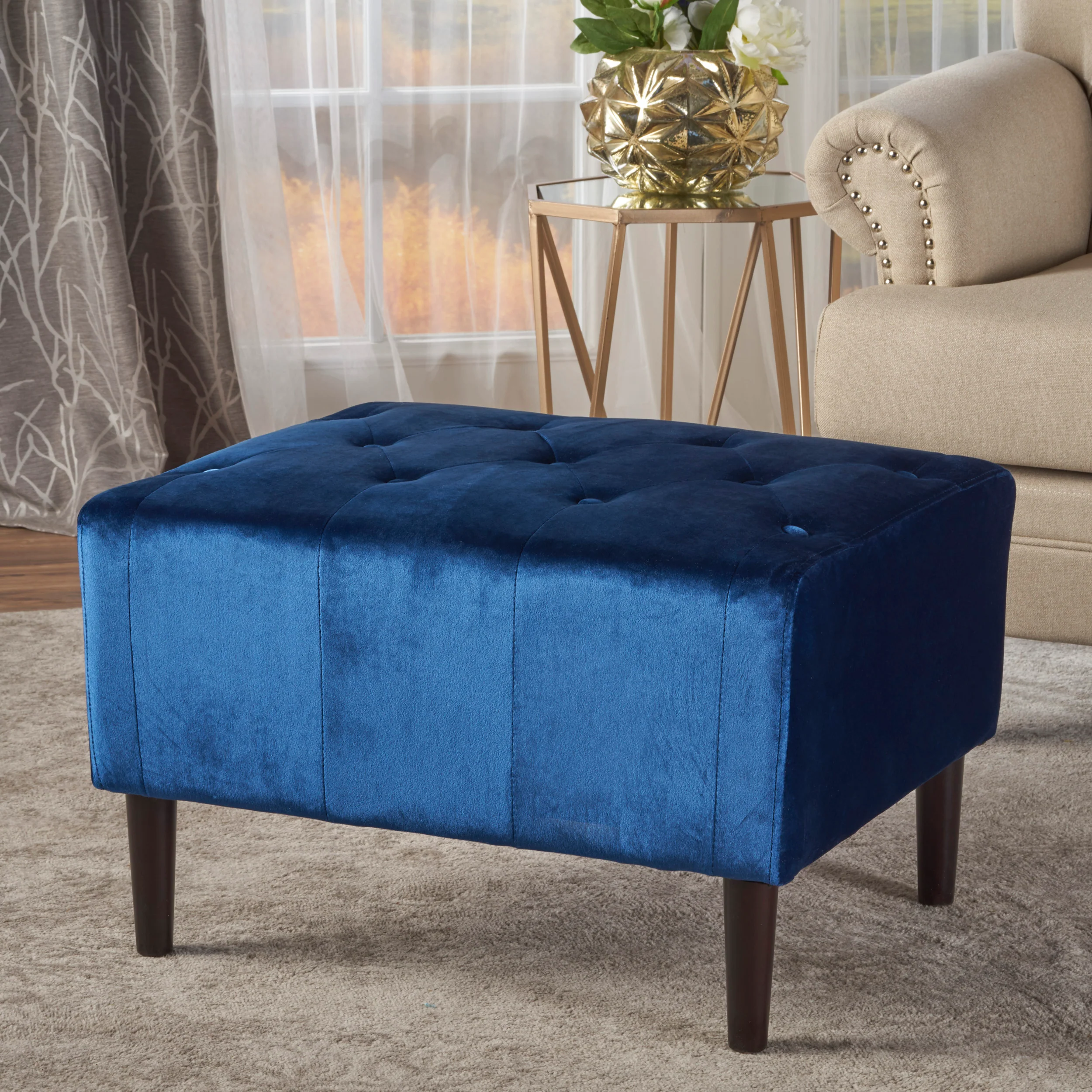 Kalani Modern Glam Button Tufted Diamond Stitch Velvet Ottoman With Tapered Legs - furnishings