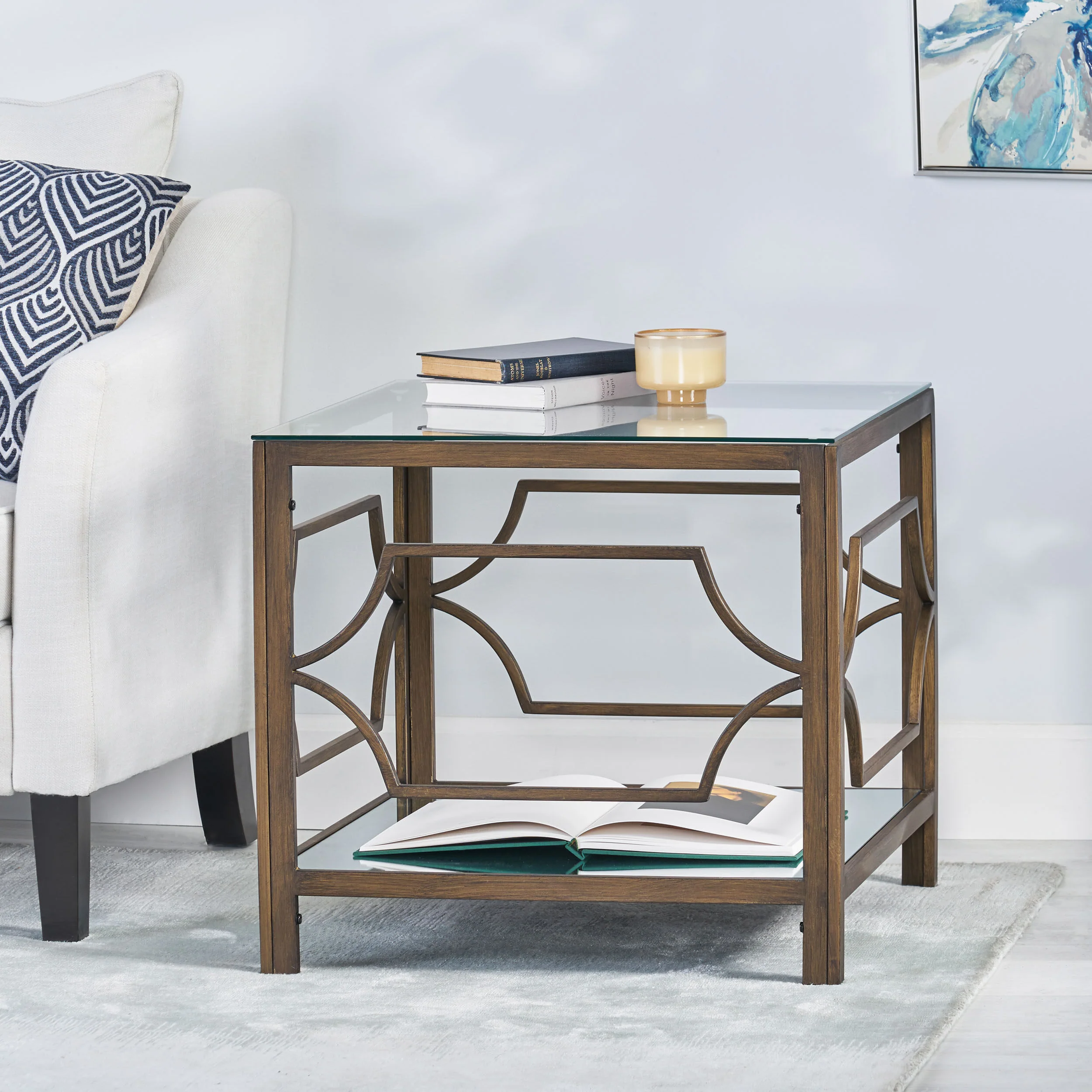 Powelton Cadley Modern Glam Mirrored End Table with Glass Top, Black Gold - furnishings