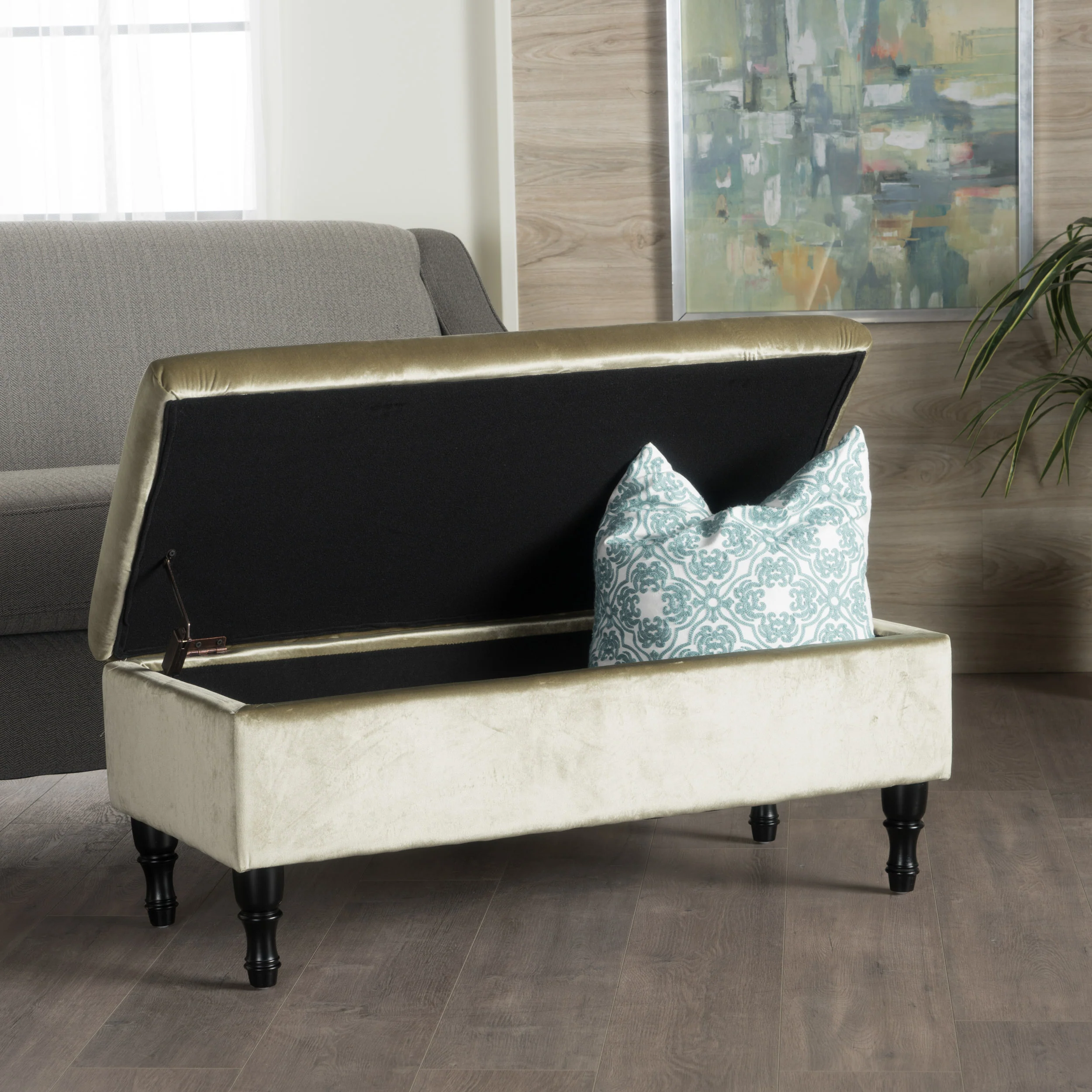 Constance Button Tufted Fabric Rectangle Storage Ottoman Bench w/ Turned Legs - furnishings