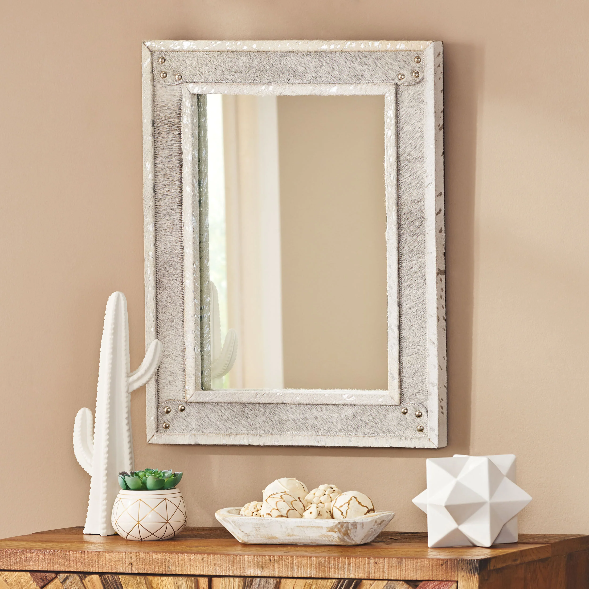 Hortense Handcrafted Boho Studded Leather Rectangle Wall Mirror - furnishings