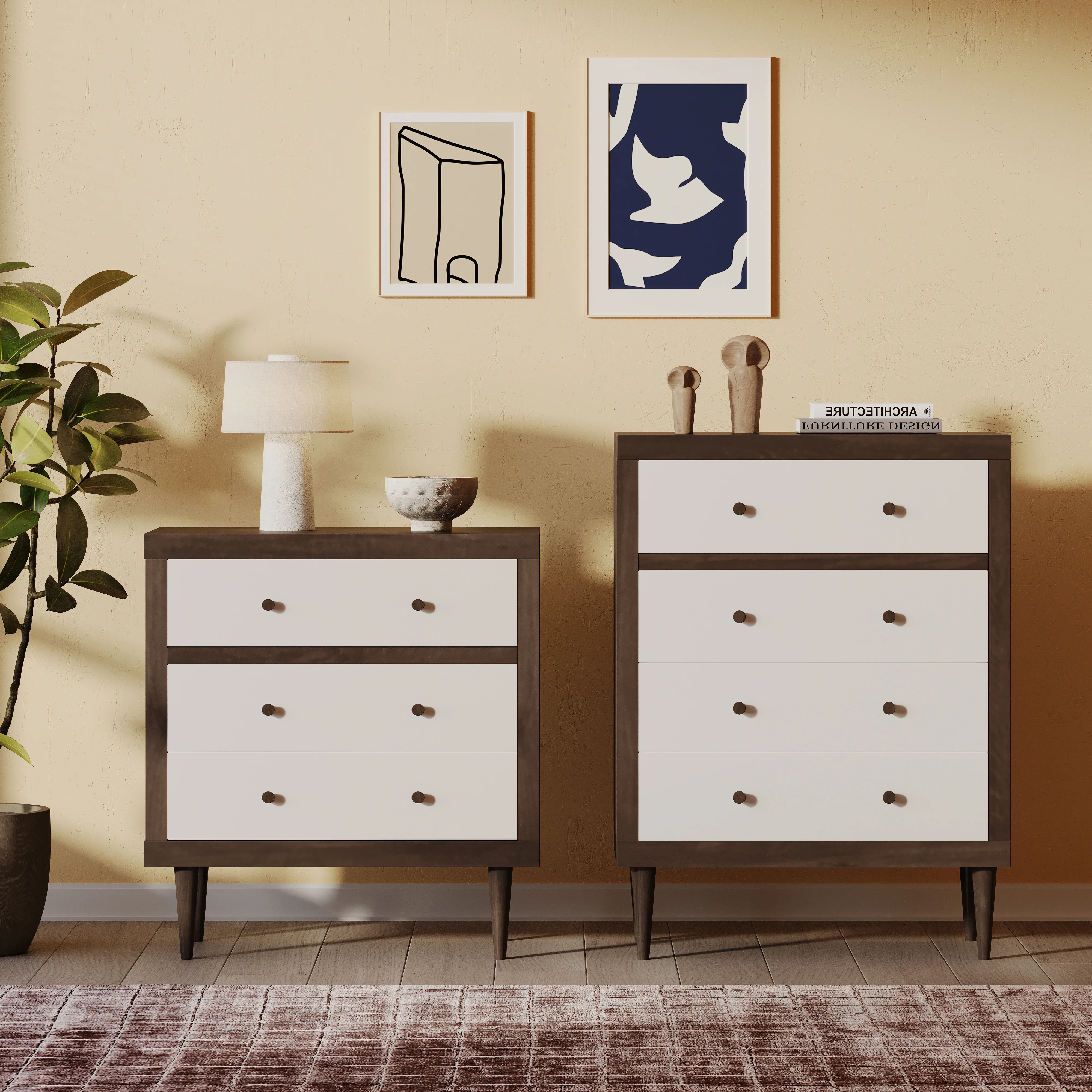 Farhart Mid Century Modern 2 Piece 3 Drawer Chest and 4 Drawer Dresser Bedroom Set - furnishings