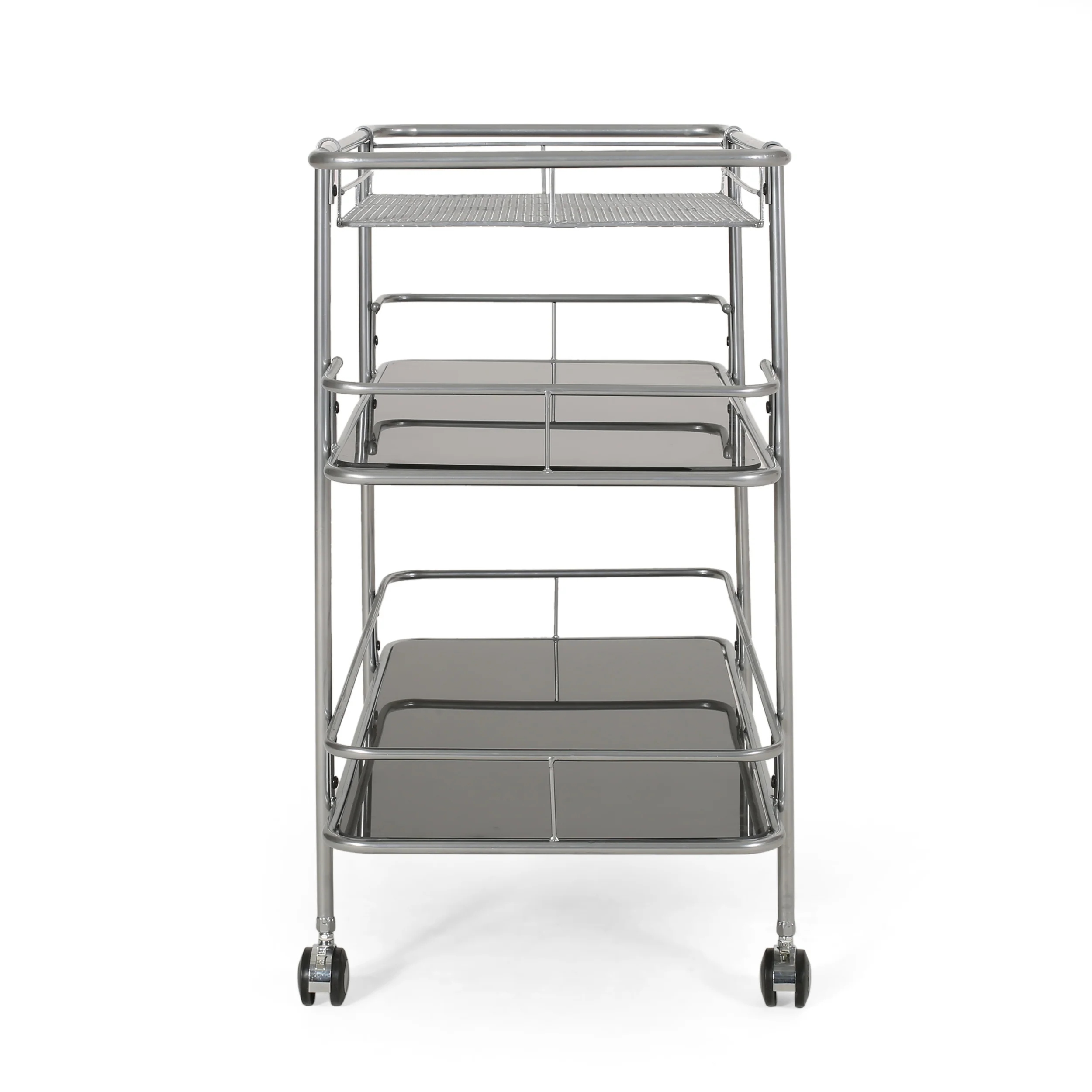 Galata Modern 3 Tier Bar Cart with Glass Shelving, Silver and Black - furnishings