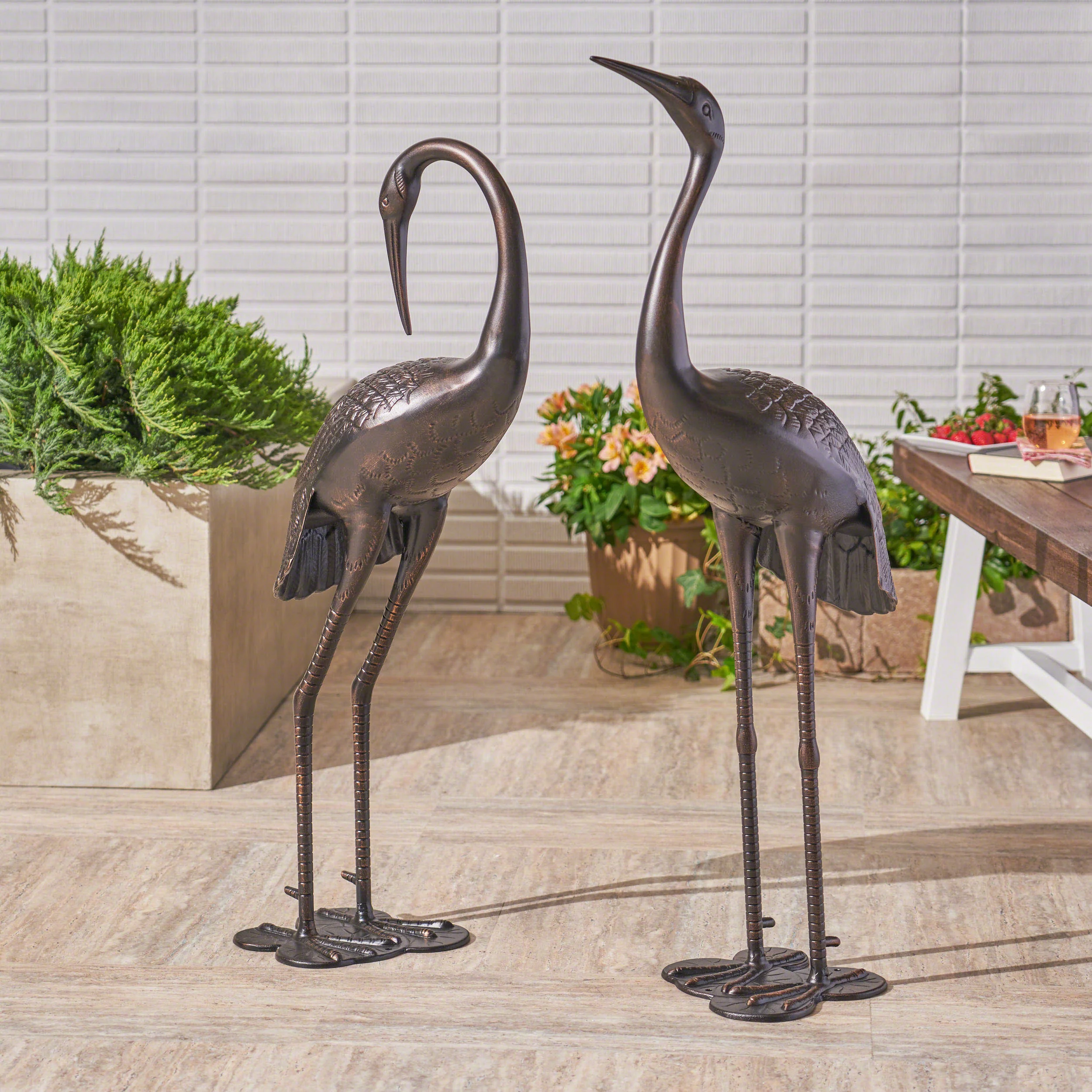 Mark Outdoor Dark Bronze Aluminum Crane/Heron Statues (Set of 2) - furnishings