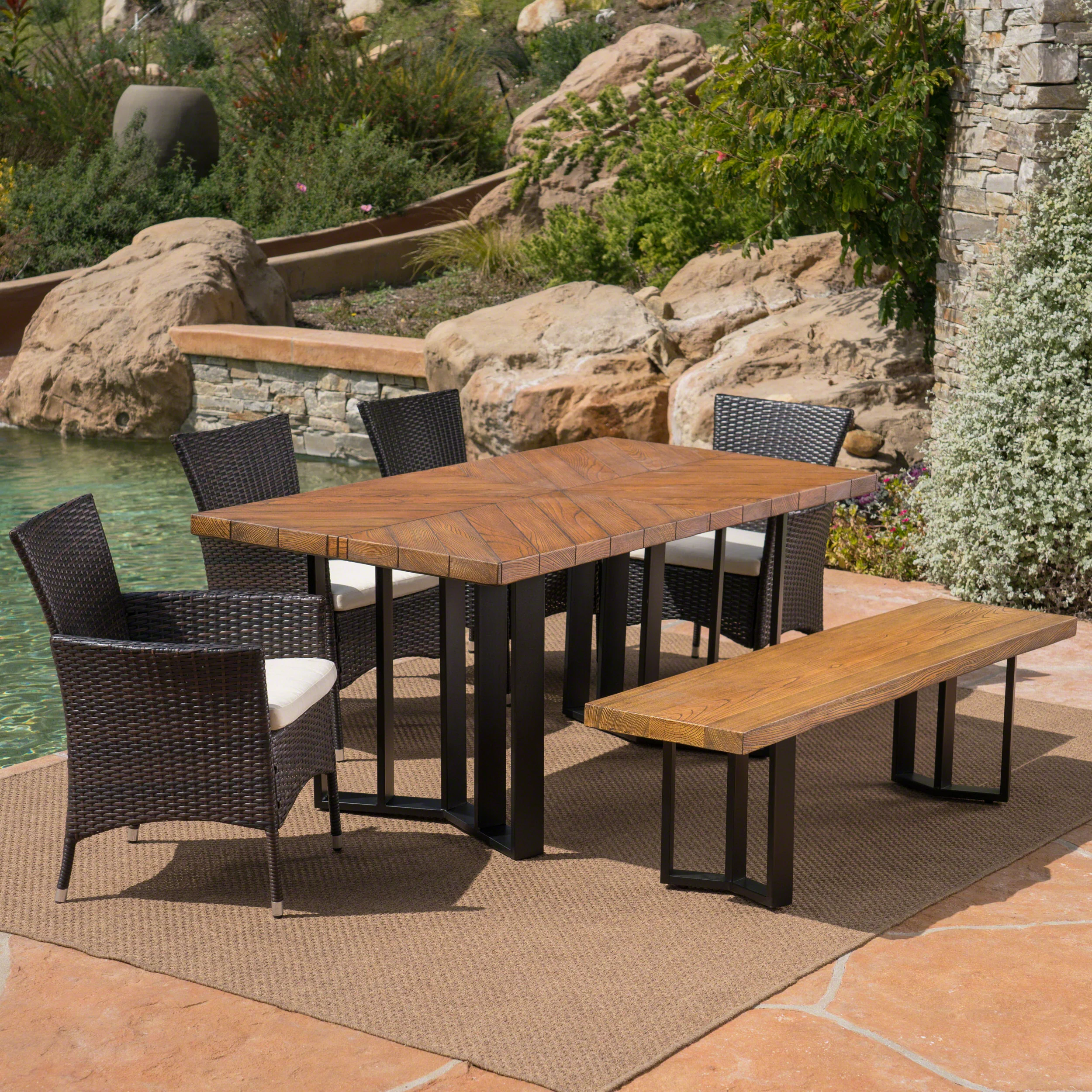 Truda Outdoor 6 Piece Wicker Dining Set with Concrete Dining Table and Bench - furnishings