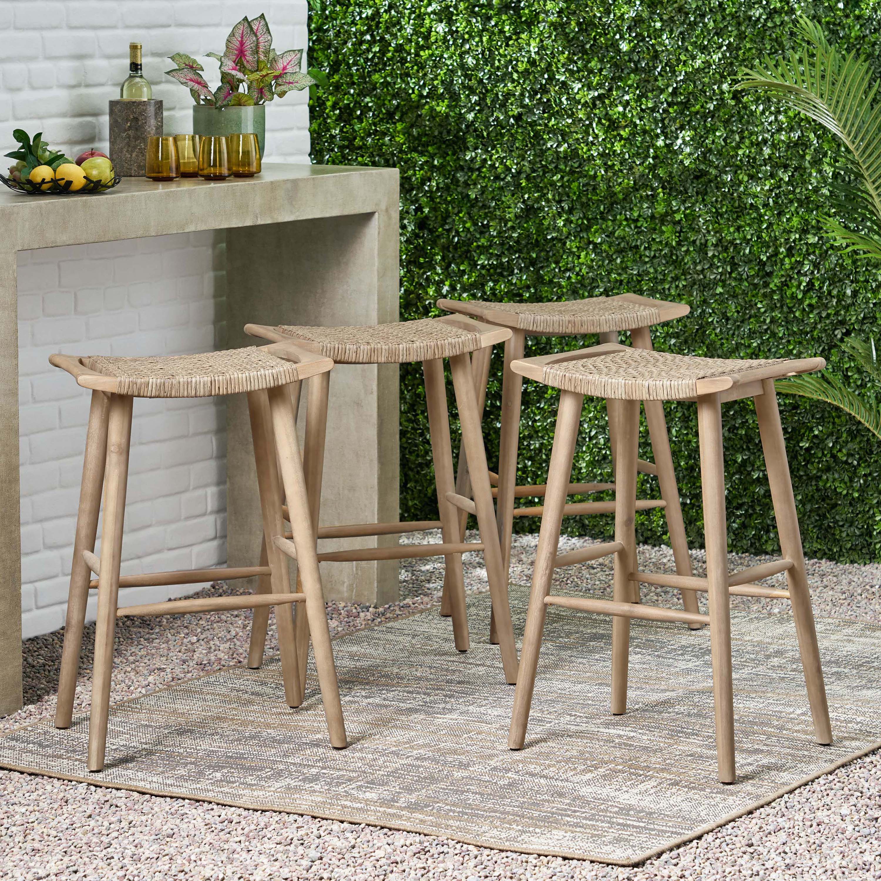 Dade Pulaski Outdoor Acacia Wood Barstool with Wicker, Set of 4 - furnishings