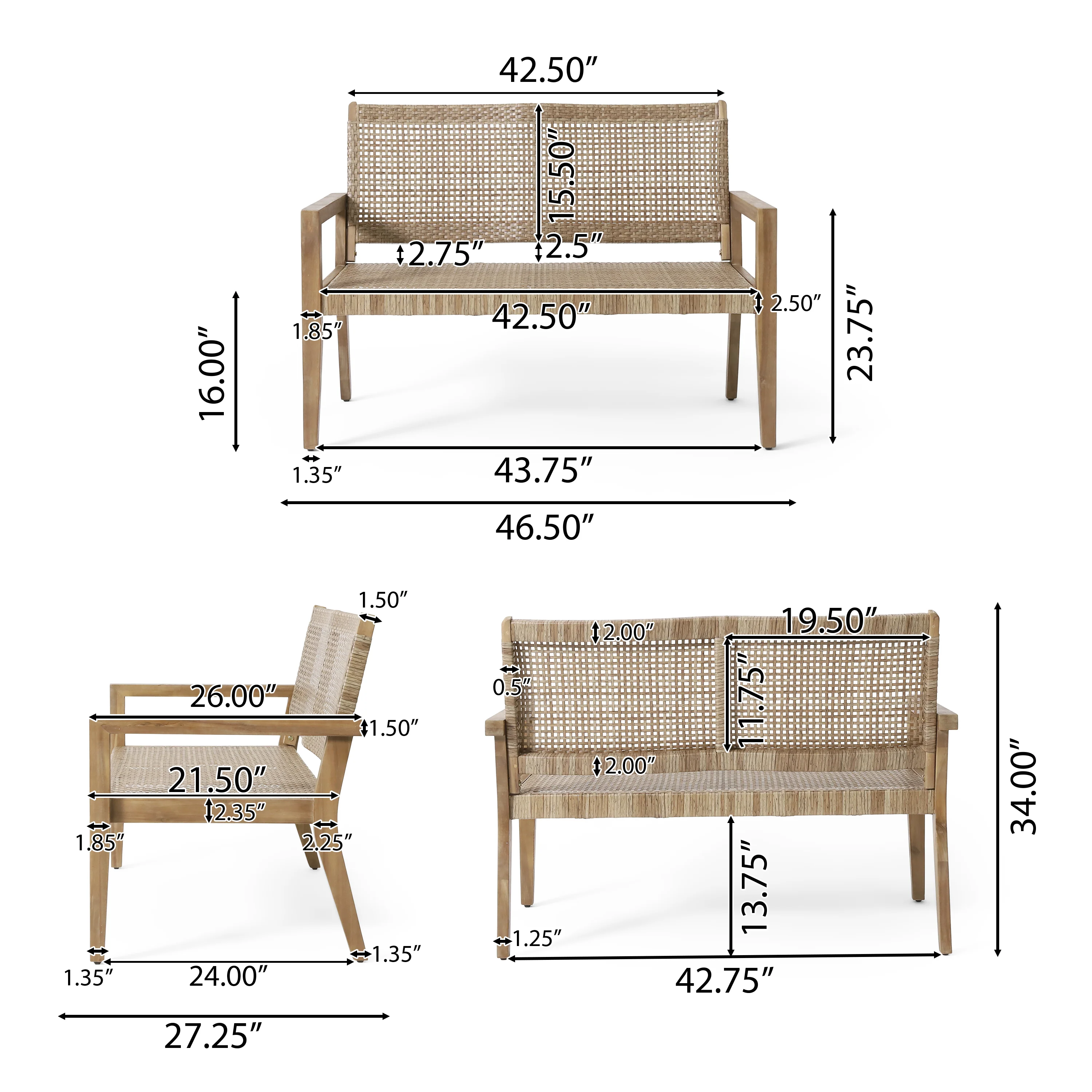 Elmcrest Outdoor Wicker and Acacia Wood Loveseat, Light Multibrown and Light Brown - furnishings