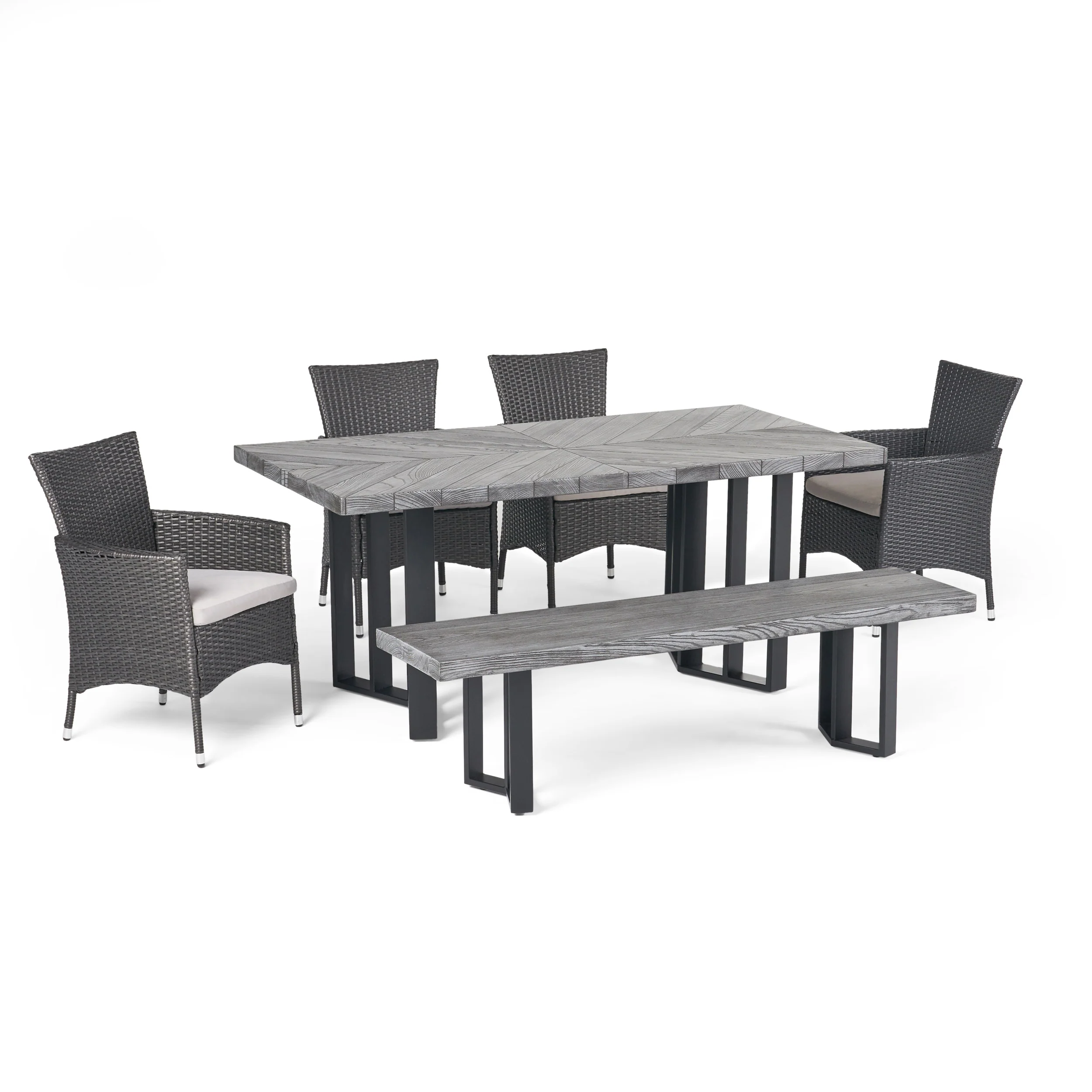 Truda Outdoor 6 Piece Wicker Dining Set with Concrete Dining Table and Bench - furnishings
