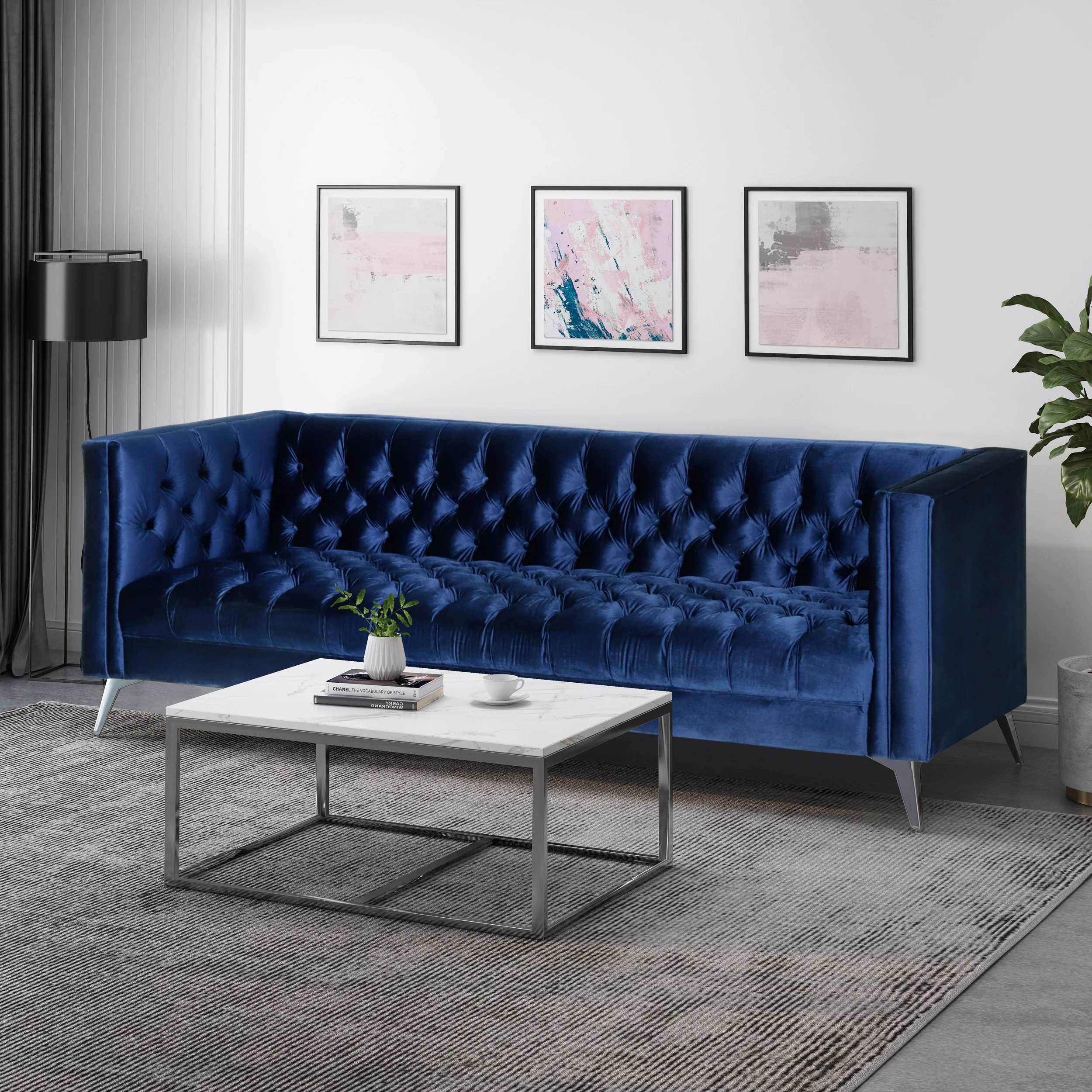 Harnoor Contemporary Tufted Velvet 3 Seater Sofa - furnishings