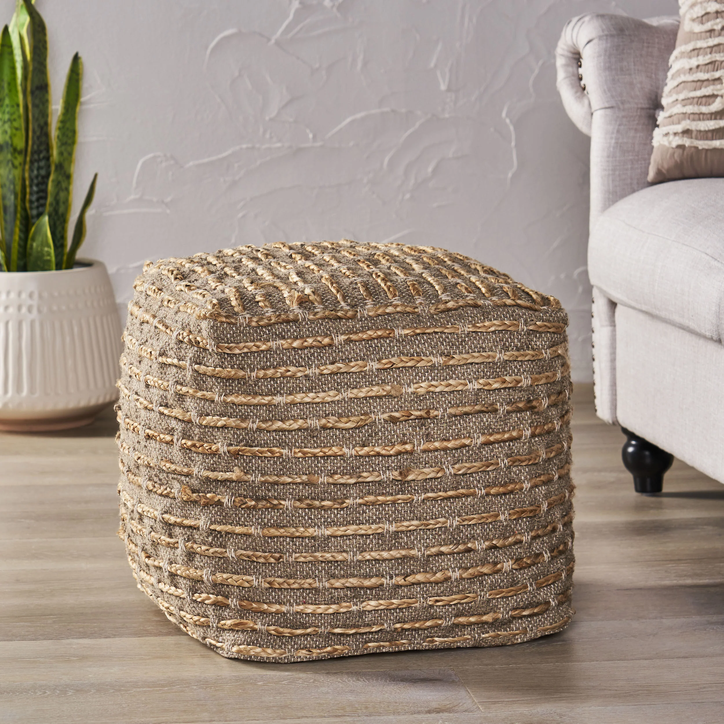 Berea Boho Handcrafted Fabric Cube Pouf, Natural - furnishings