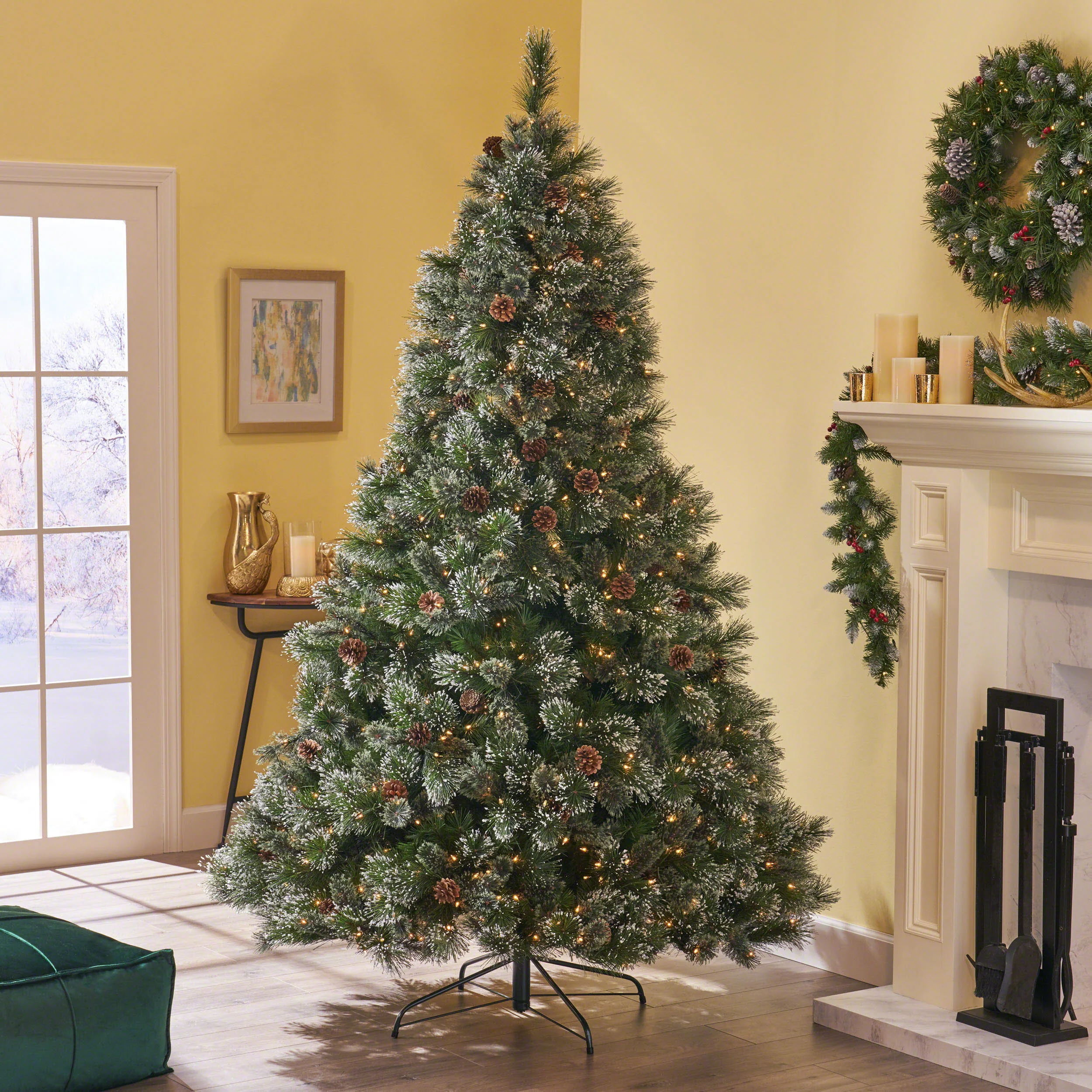 7-foot Cashmere Pine and Mixed Needles Hinged Artificial Christmas Tree with Snowy Branches and Pinecones - furnishings
