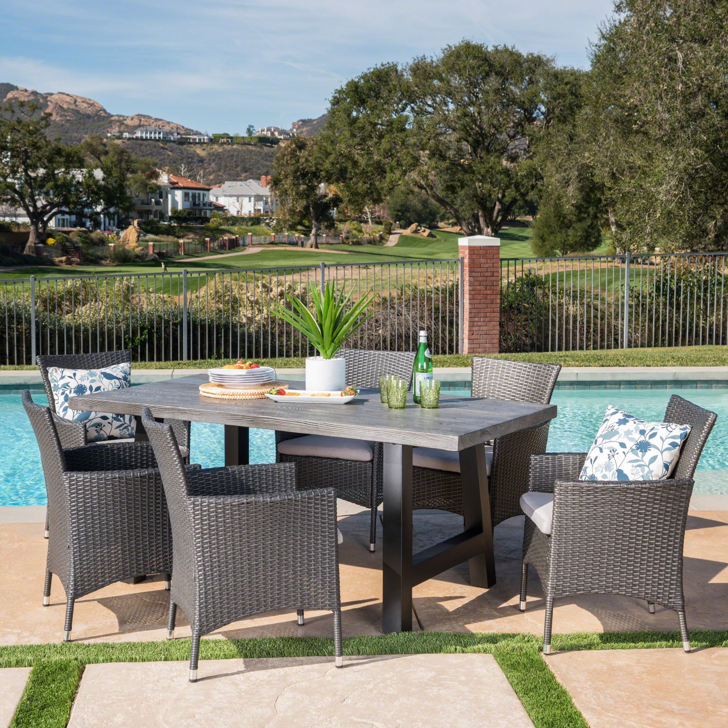 Gina Outdoor 7 Piece Wicker Dining Set with Light Weight Concrete Table - furnishings