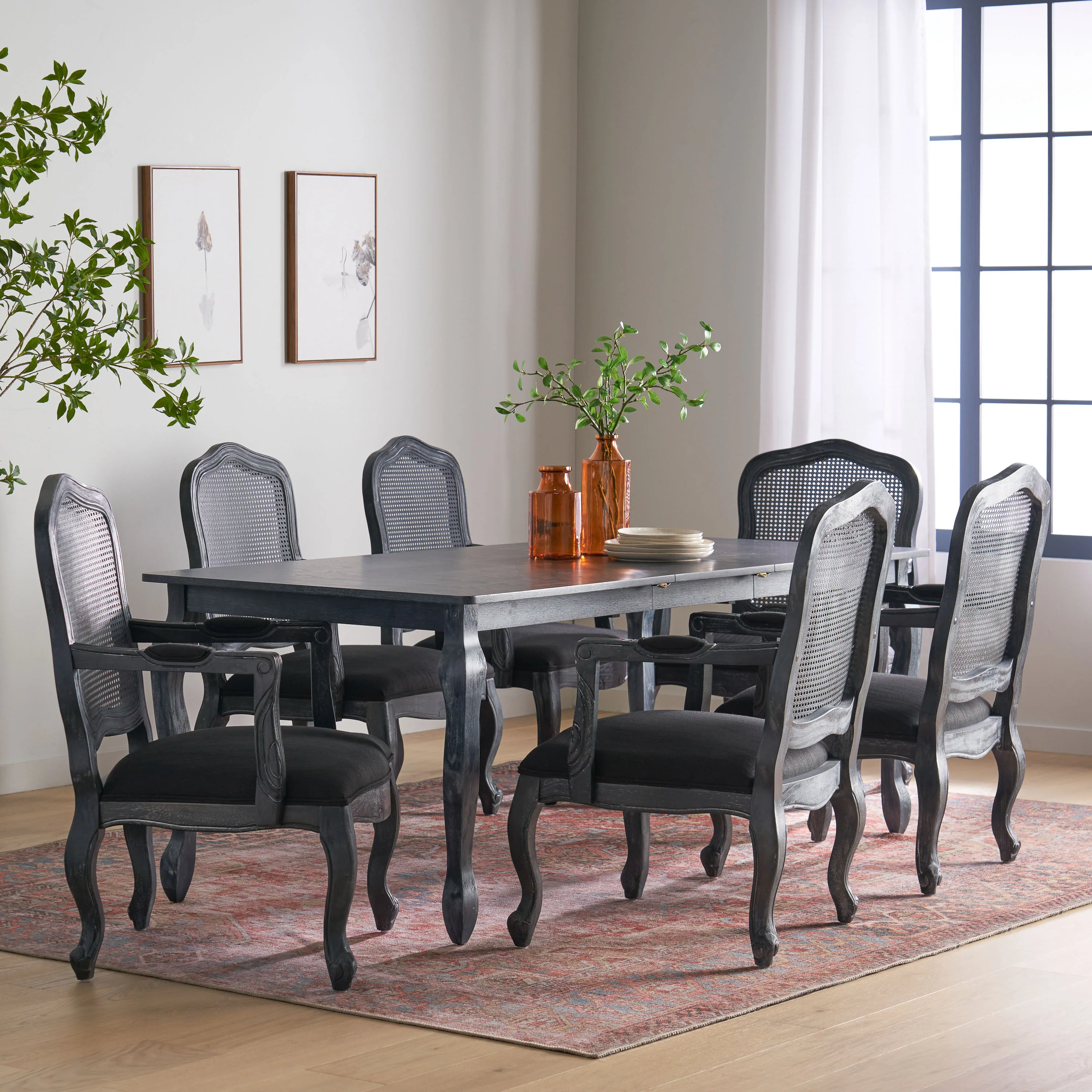 Bonview French Country Fabric Upholstered Wood and Cane Expandable 7 Piece Dining Set - furnishings