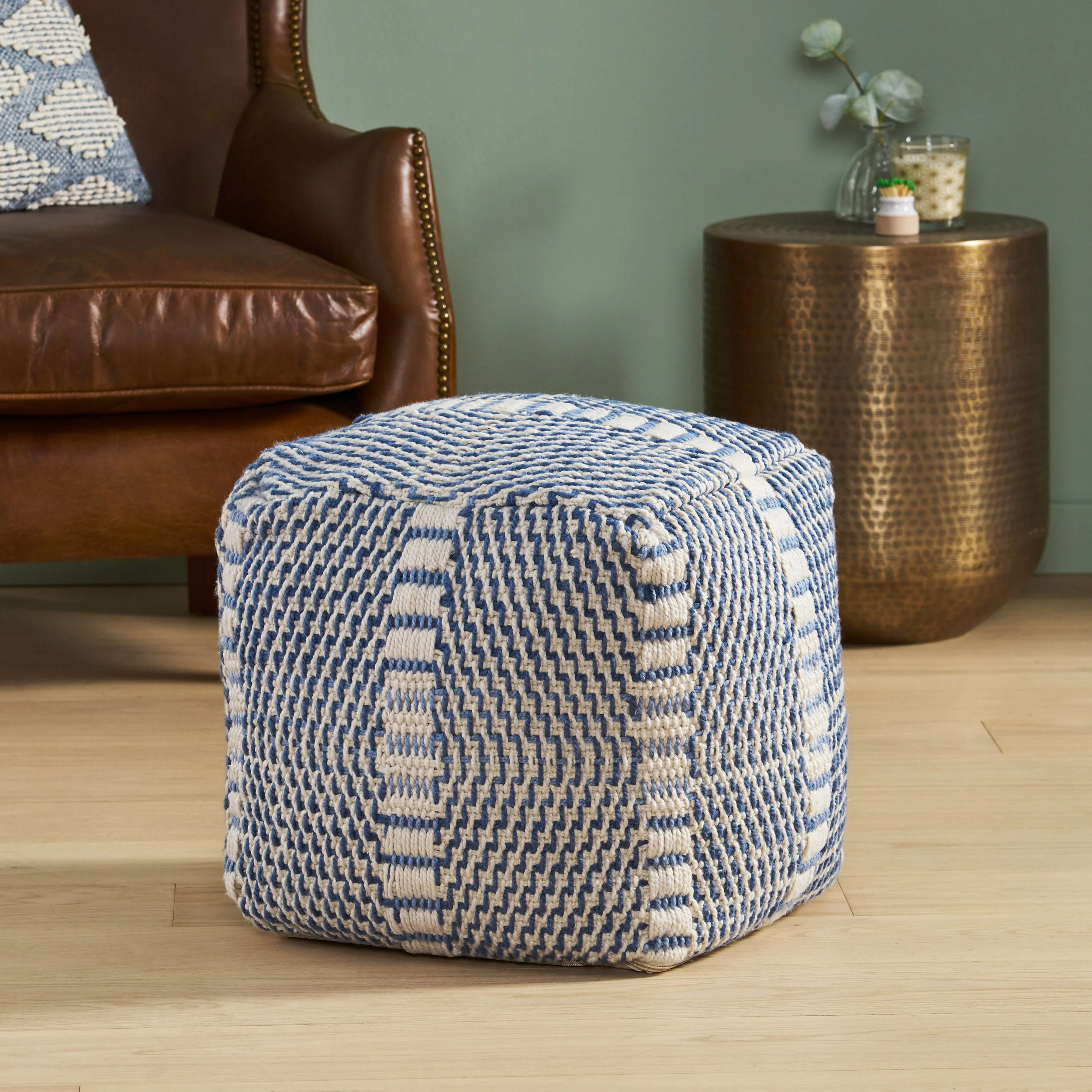 Dexter Indoor Handcrafted Boho Water Resistant Cube Pouf - furnishings