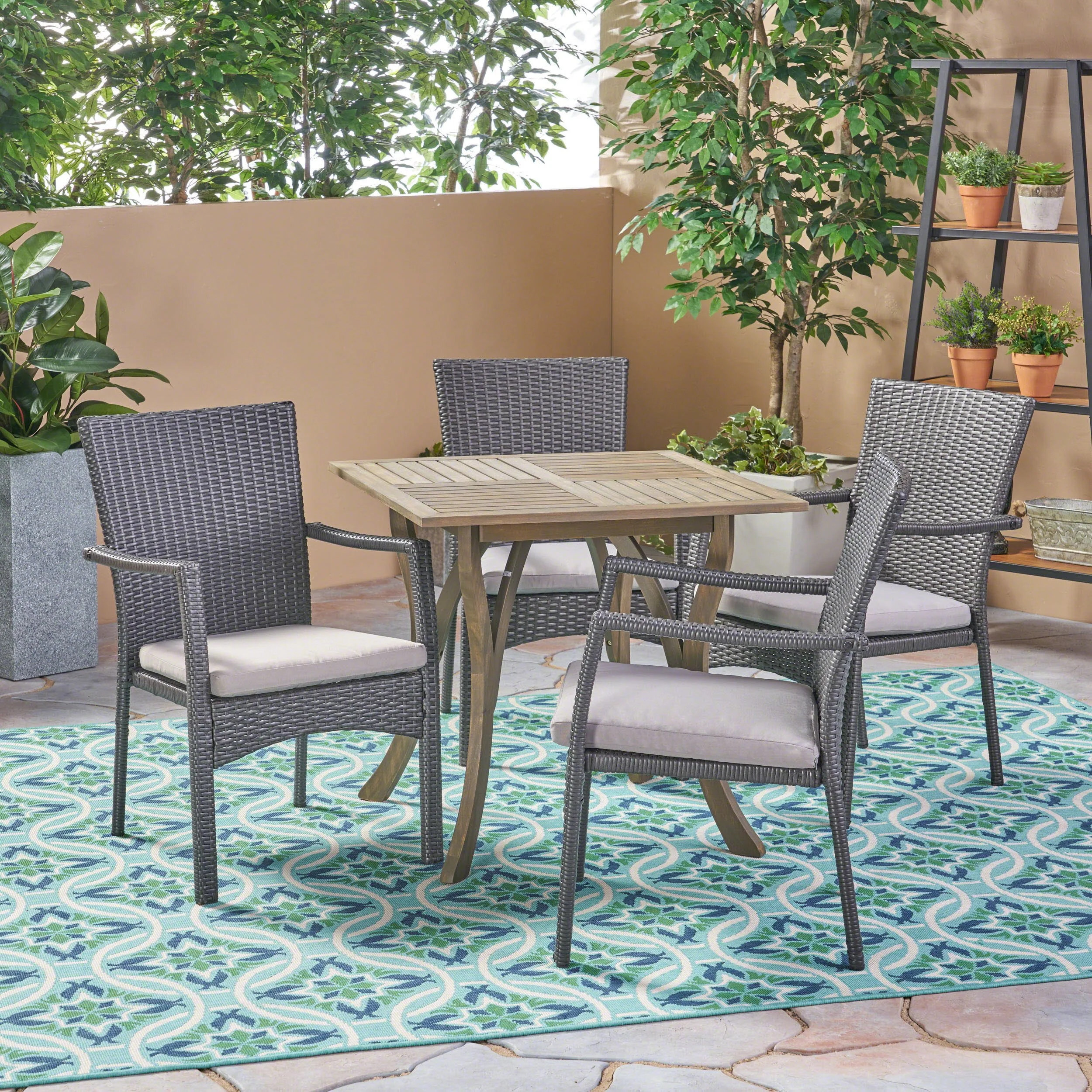 Alva Outdoor 5 Piece Acacia Wood/ Wicker Dining Set with Cushions - furnishings