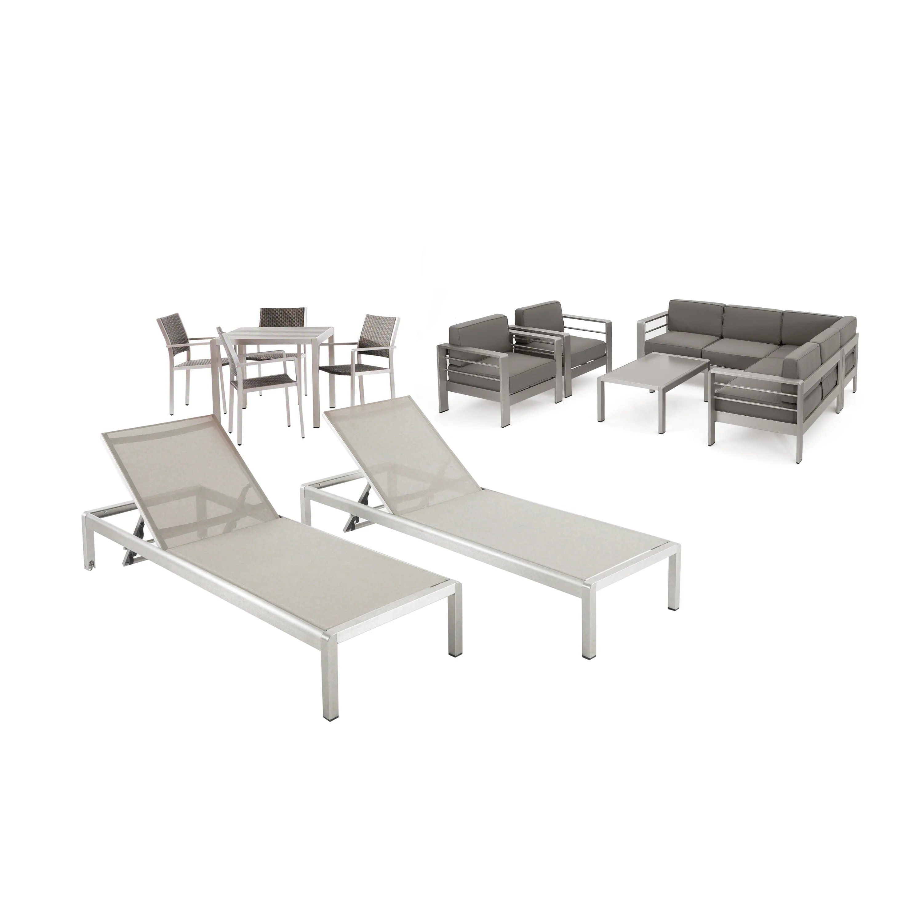 Crested Bay Outdoor Estate Collection - 4-Seat Dining Set, 3-Piece Sectional Sofa Set, 2 Club Chairs, 2 Chaise Lounges, Coffee Table - Aluminum - Faux Wood Table Top - Silver, Gray, Khaki - furnishings