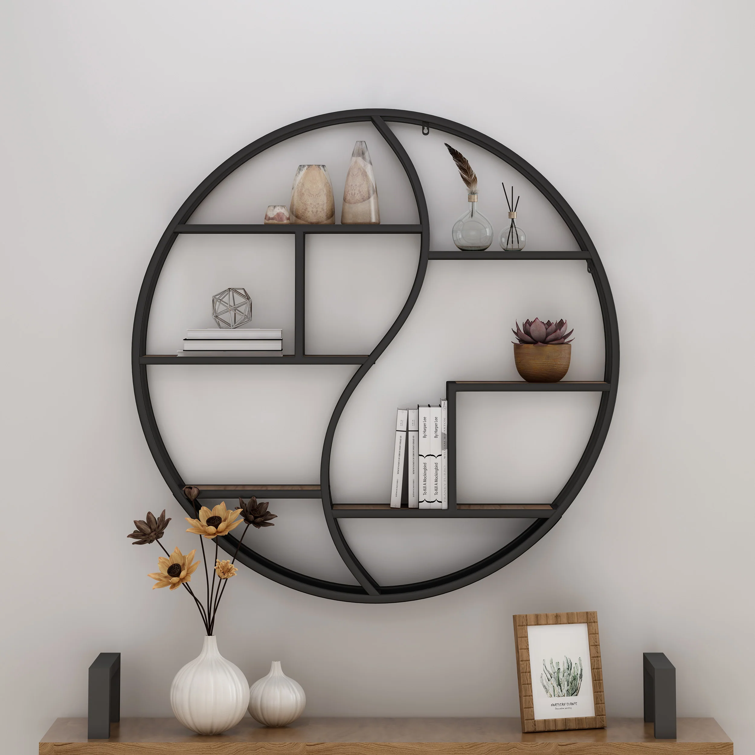 Bobby Industrial Wall Mount Round Yin Yang Floating Shelf - furnishings