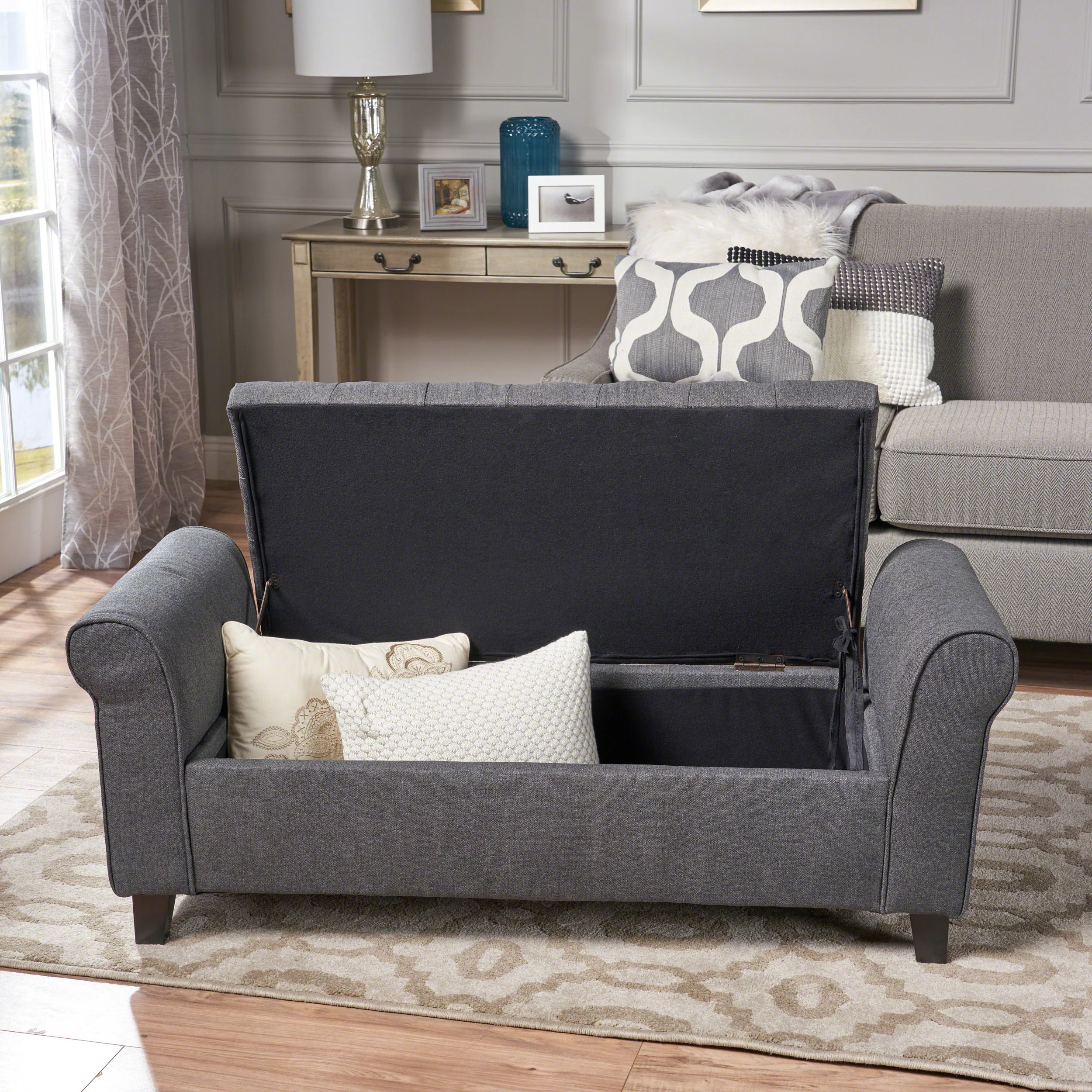 Charlemagne Rolled Arm Tufted Fabric Storage Ottoman Bench - furnishings