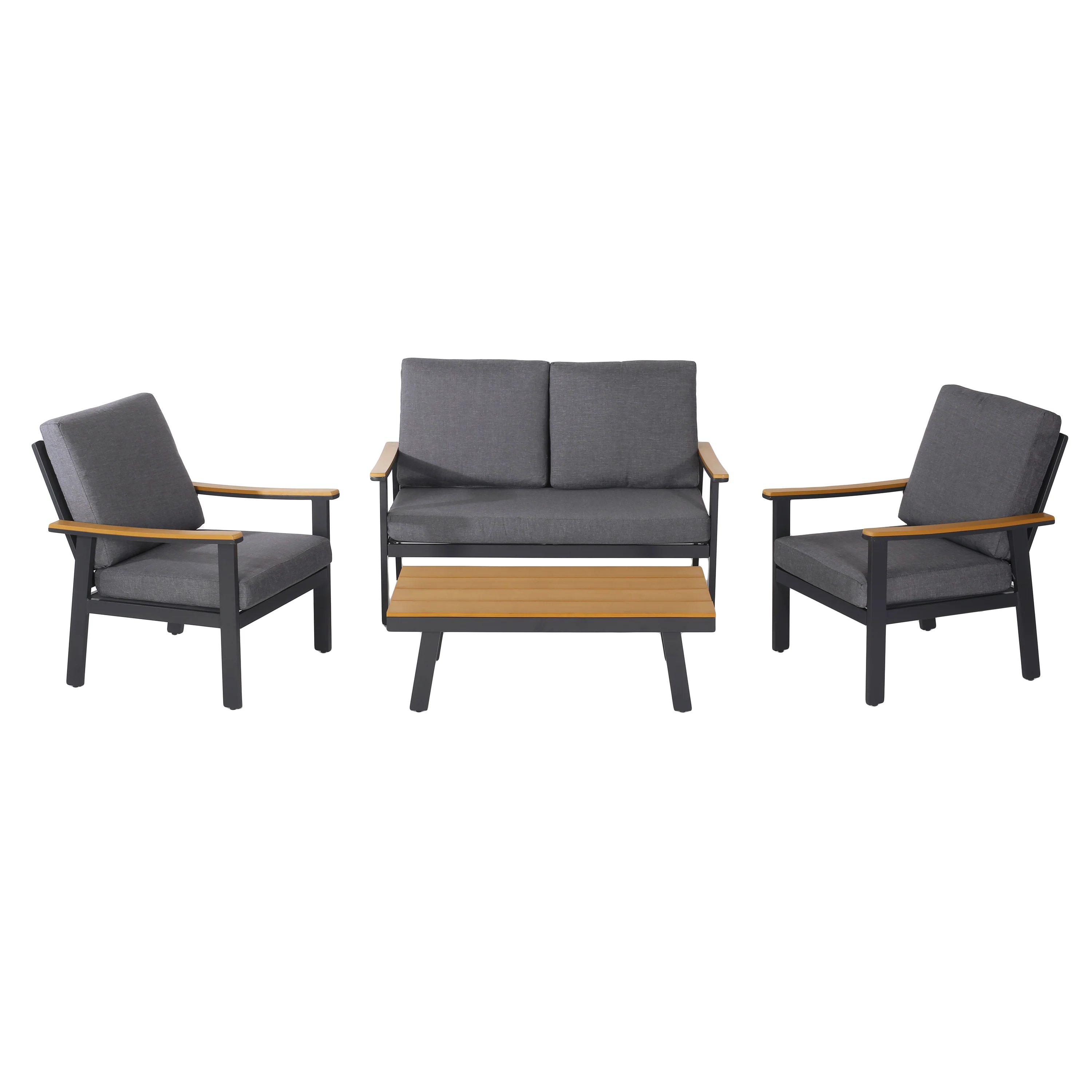 Mathias Outdoor 4 Piece Aluminum and Faux Wood Chat Set with Cushions - furnishings