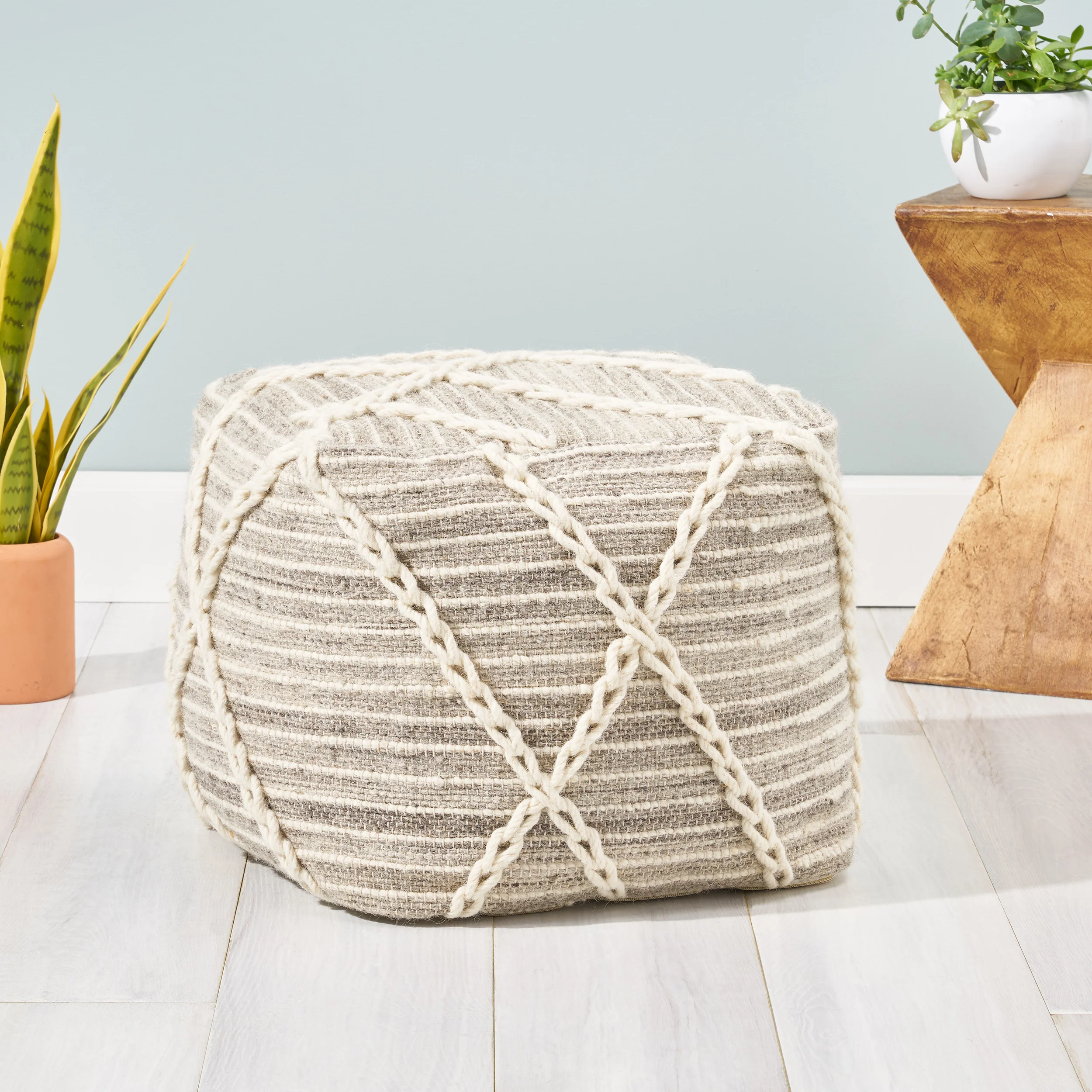 Naylea Contemporary Wool and Cotton Pouf Ottoman - furnishings