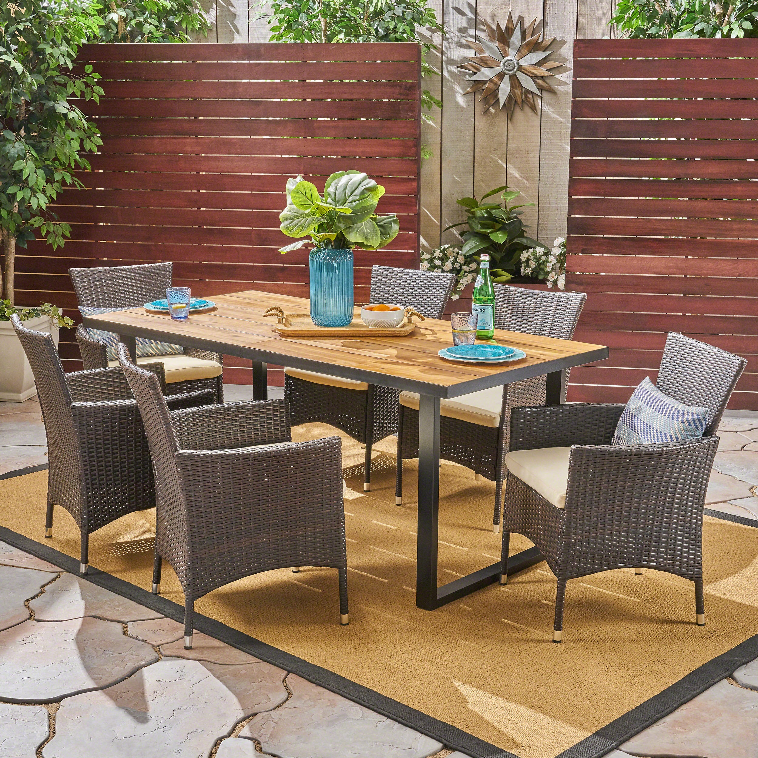 Acosta Outdoor 6-Seater Rectangular Acacia Wood and Wicker Dining Set, Teak with Black and Multi Brown with Beige - furnishings