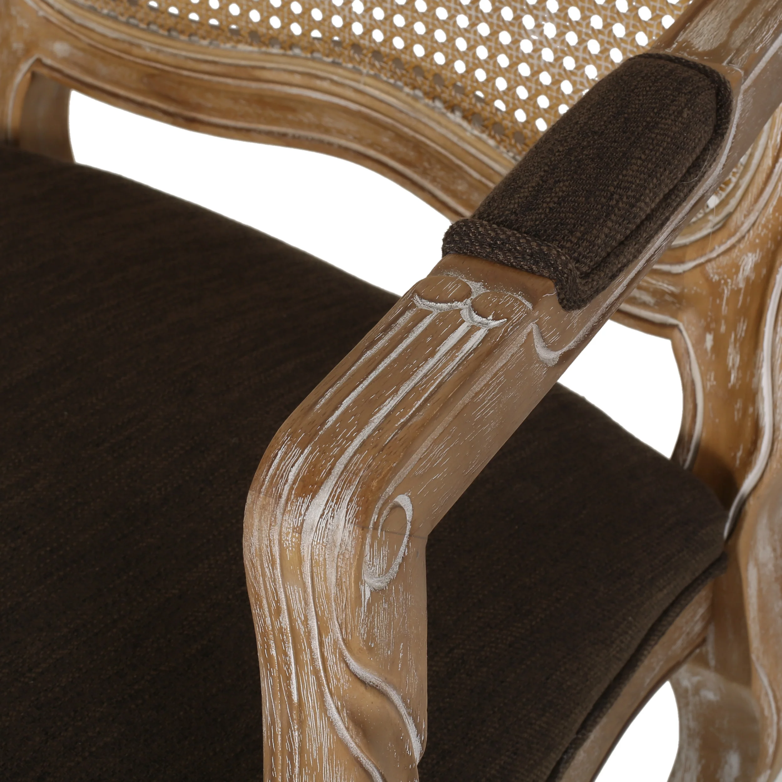 Biorn French Country Wood and Cane Upholstered Dining Armchair - furnishings