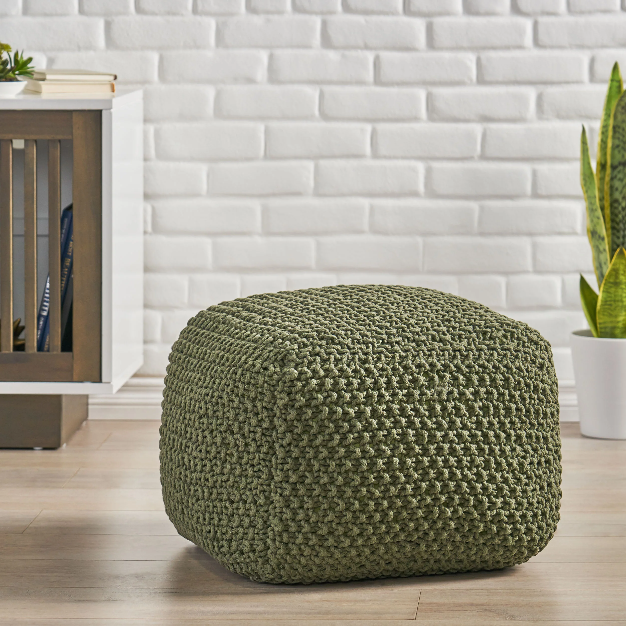Teresa Modern Knitted Cotton Cube Pouf - furnishings