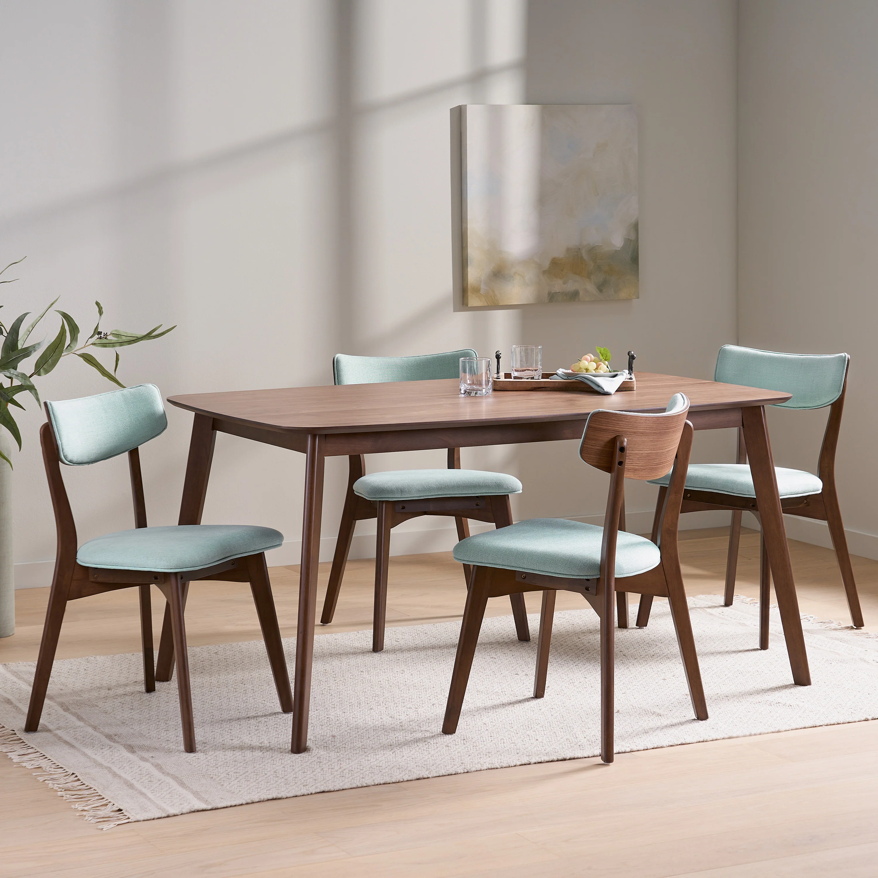 Aman Mid Century Finished 5 Piece Wood Dining Set with Fabric Chairs - furnishings