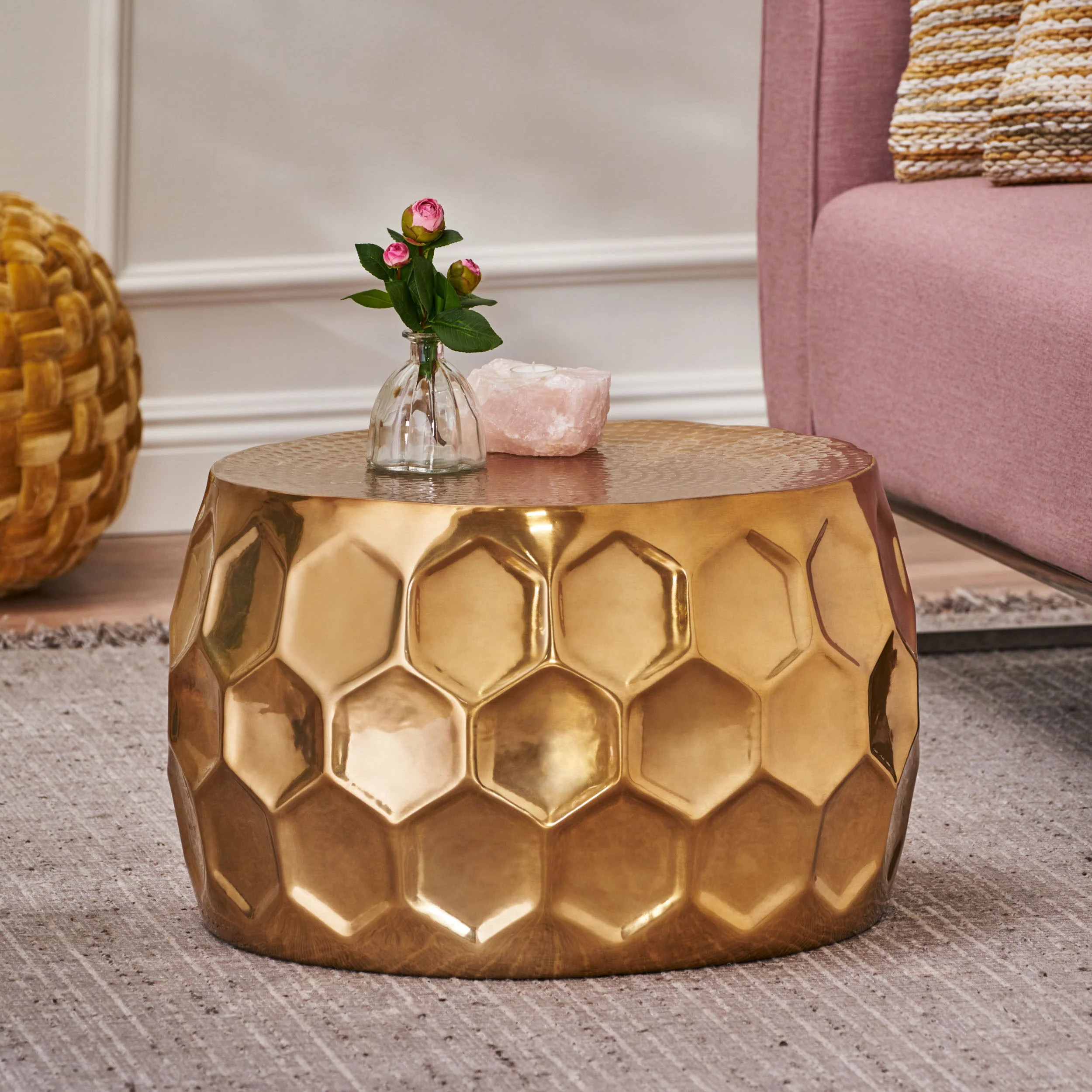 Pitzen Modern Glam Handcrafted Aluminum Honeycomb Coffee Table, Brass - furnishings