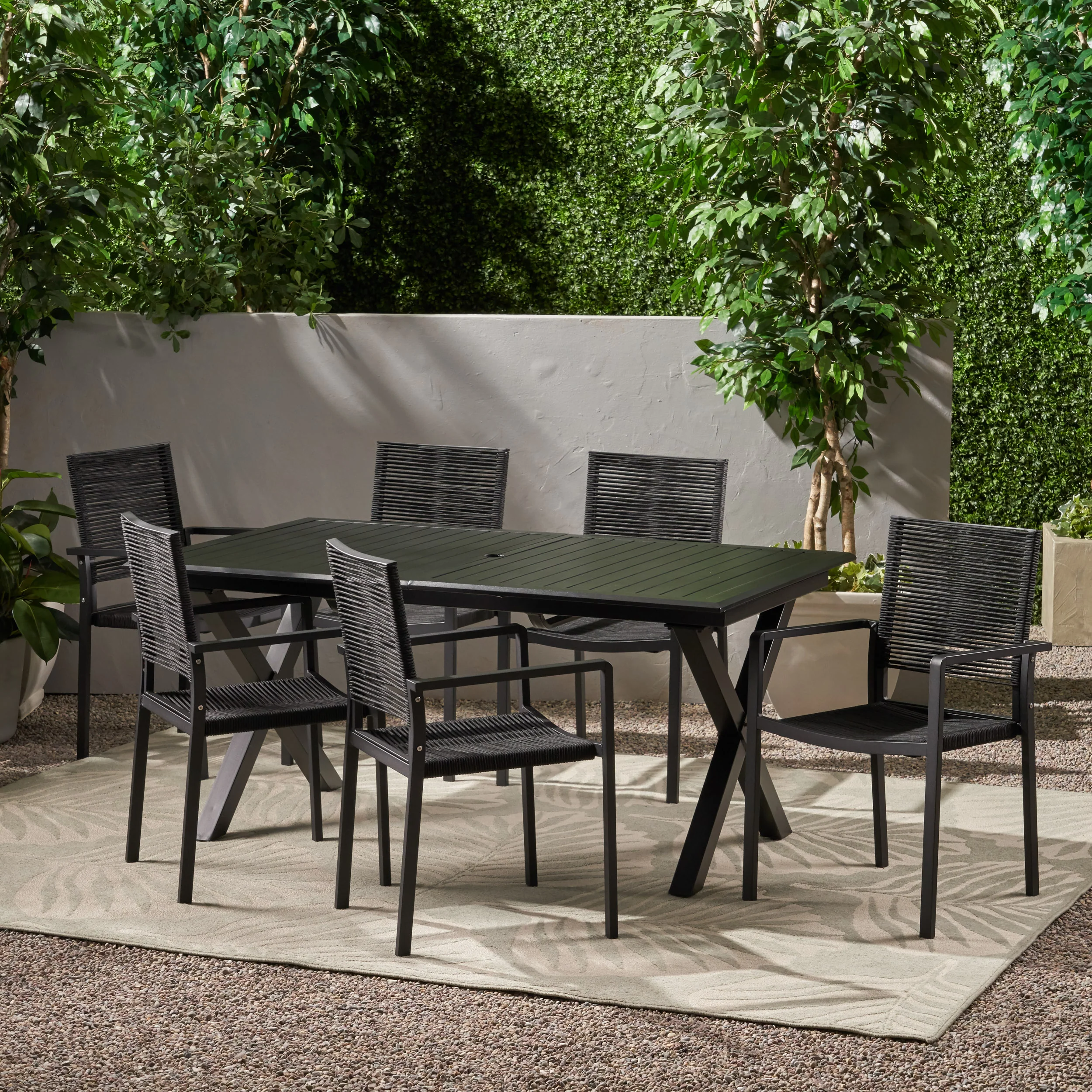 Layni Outdoor Modern 6 Seater Aluminum Dining Set with Expandable Table - furnishings