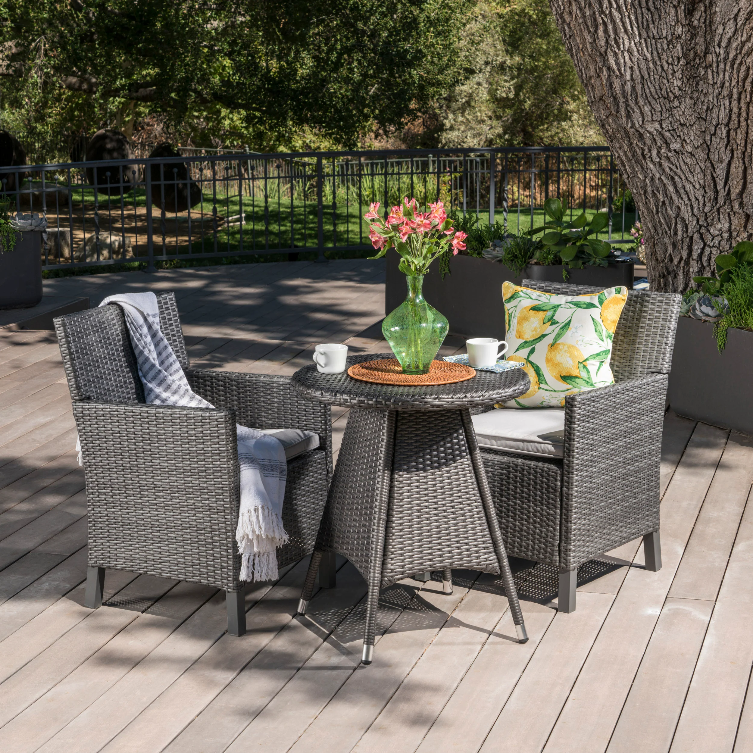 Cyril Outdoor 3 Piece Wicker Dining Set with Water Resistant Cushions - furnishings