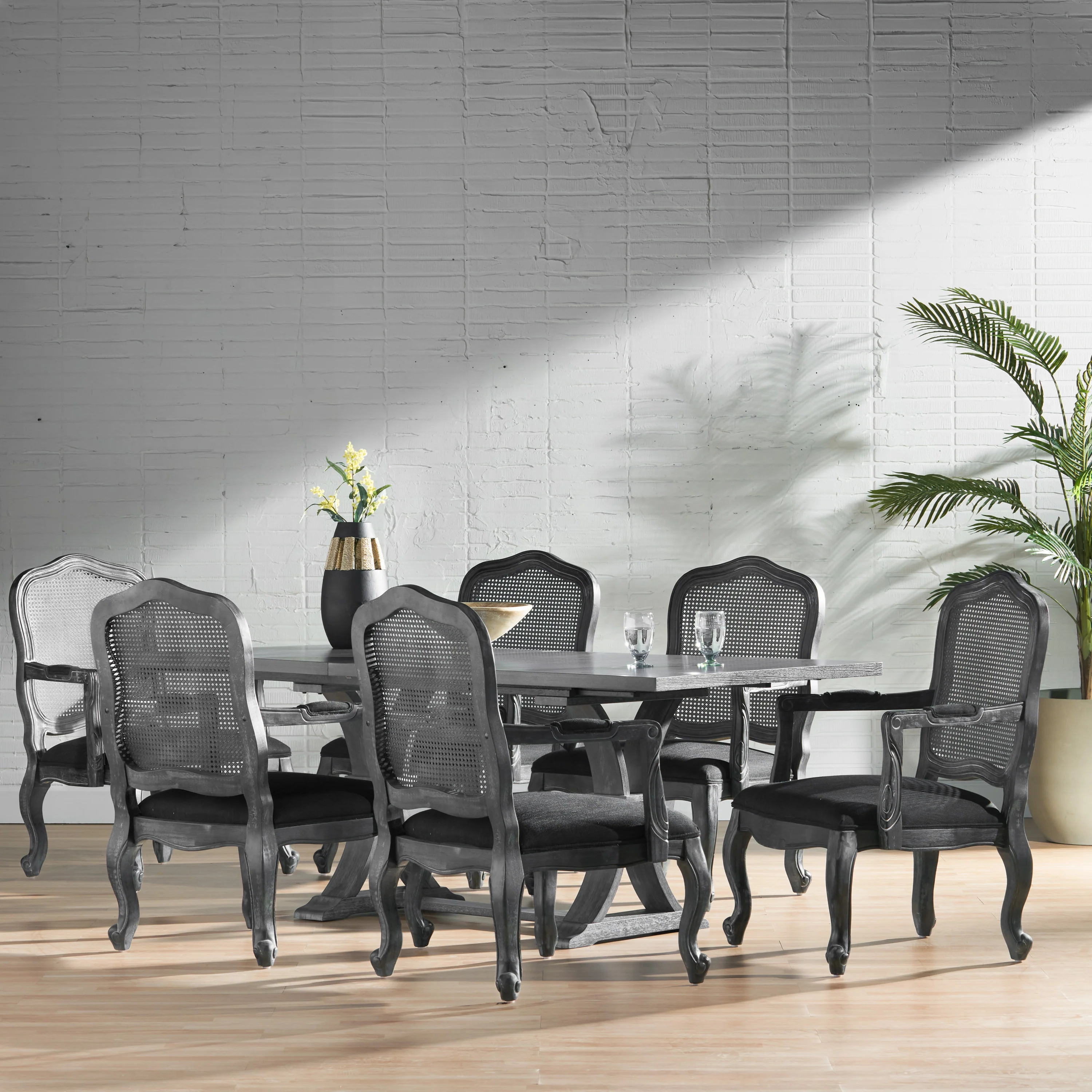 Biorn French Country Wood and Cane 7-Piece Expandable Dining Set - furnishings