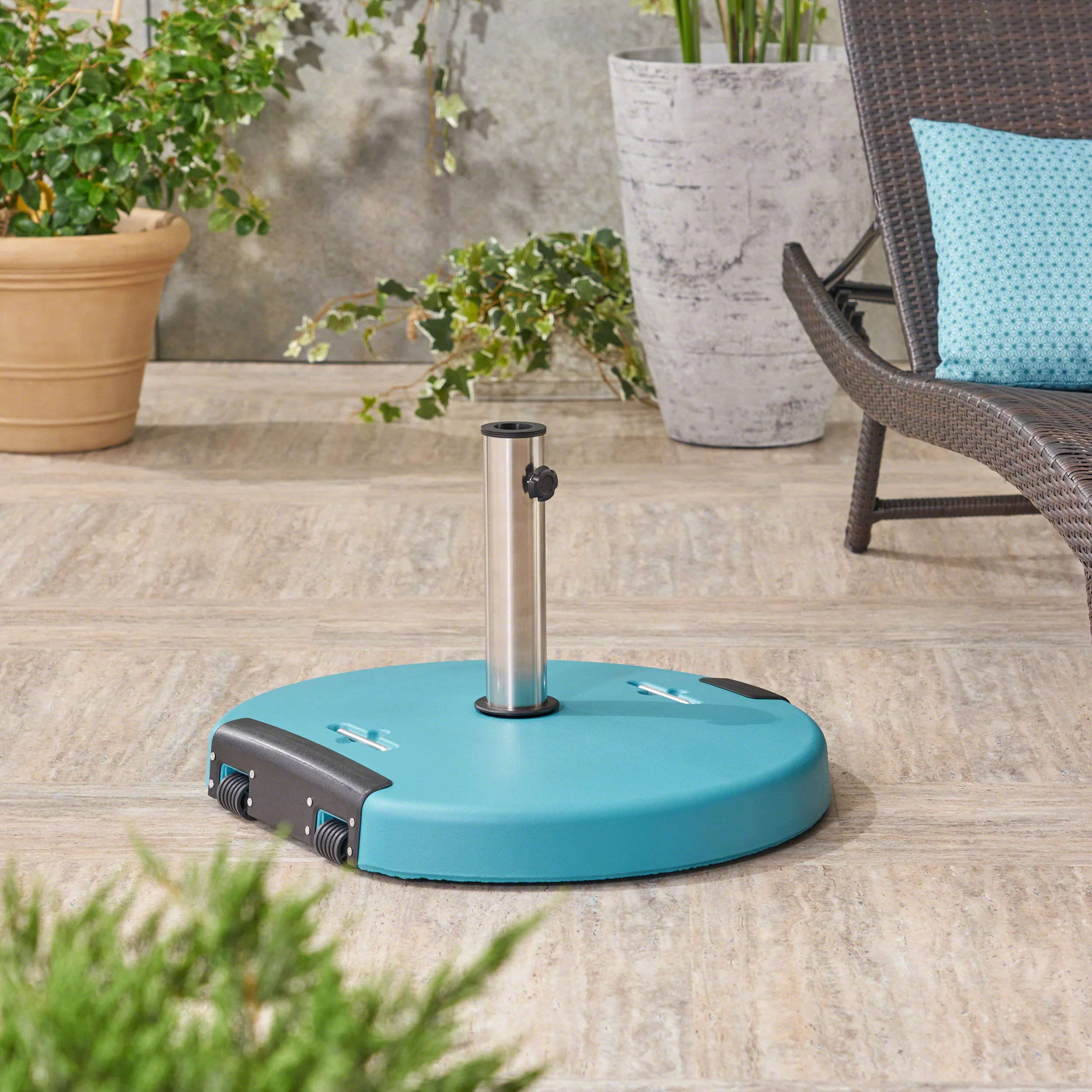 Kelly Outdoor 132lb Concrete Circular Umbrella Base with Stainless Steel Collar - furnishings