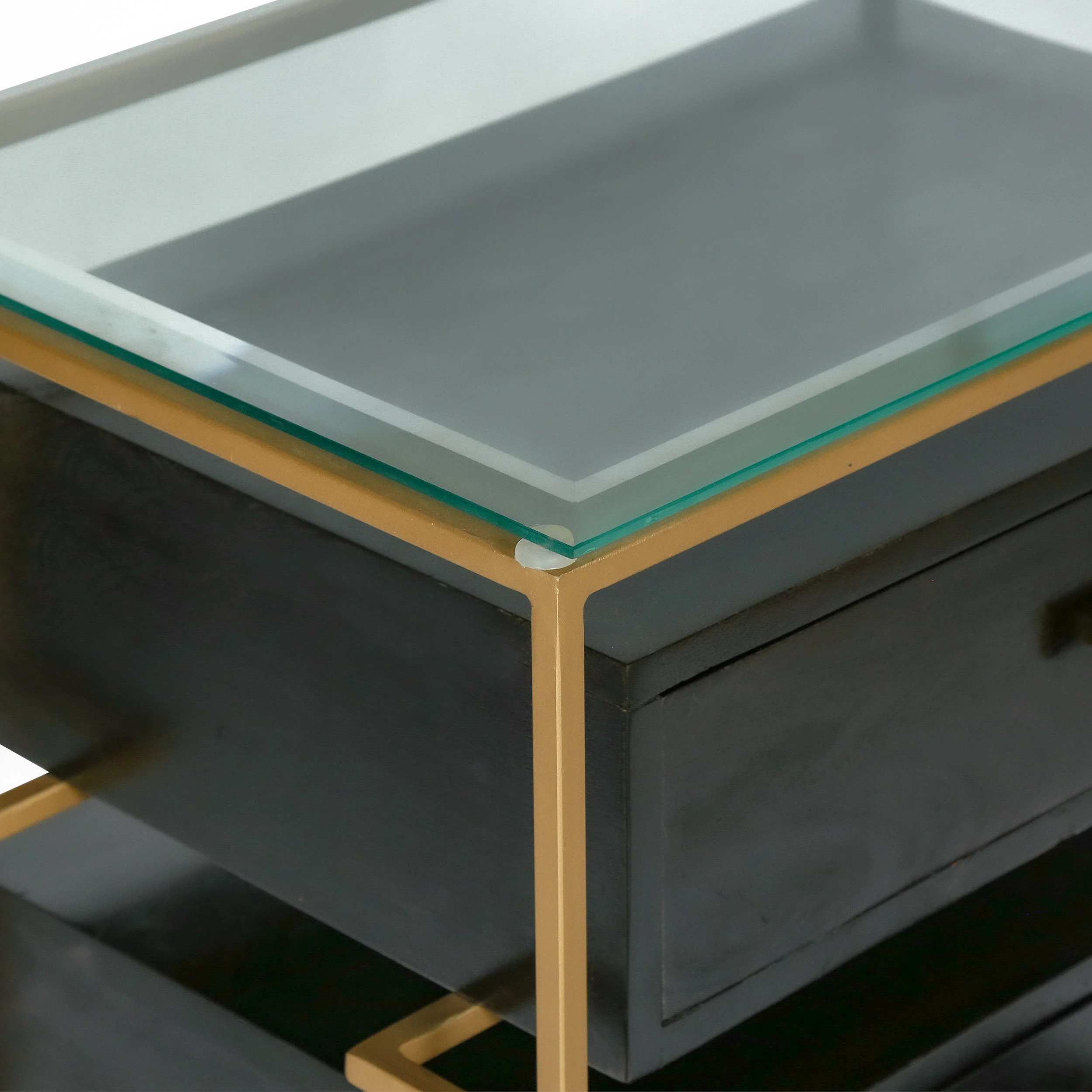 Sonne Modern Handcrafted 3 Drawer Glass Top Nightstand, Black and Brass - furnishings